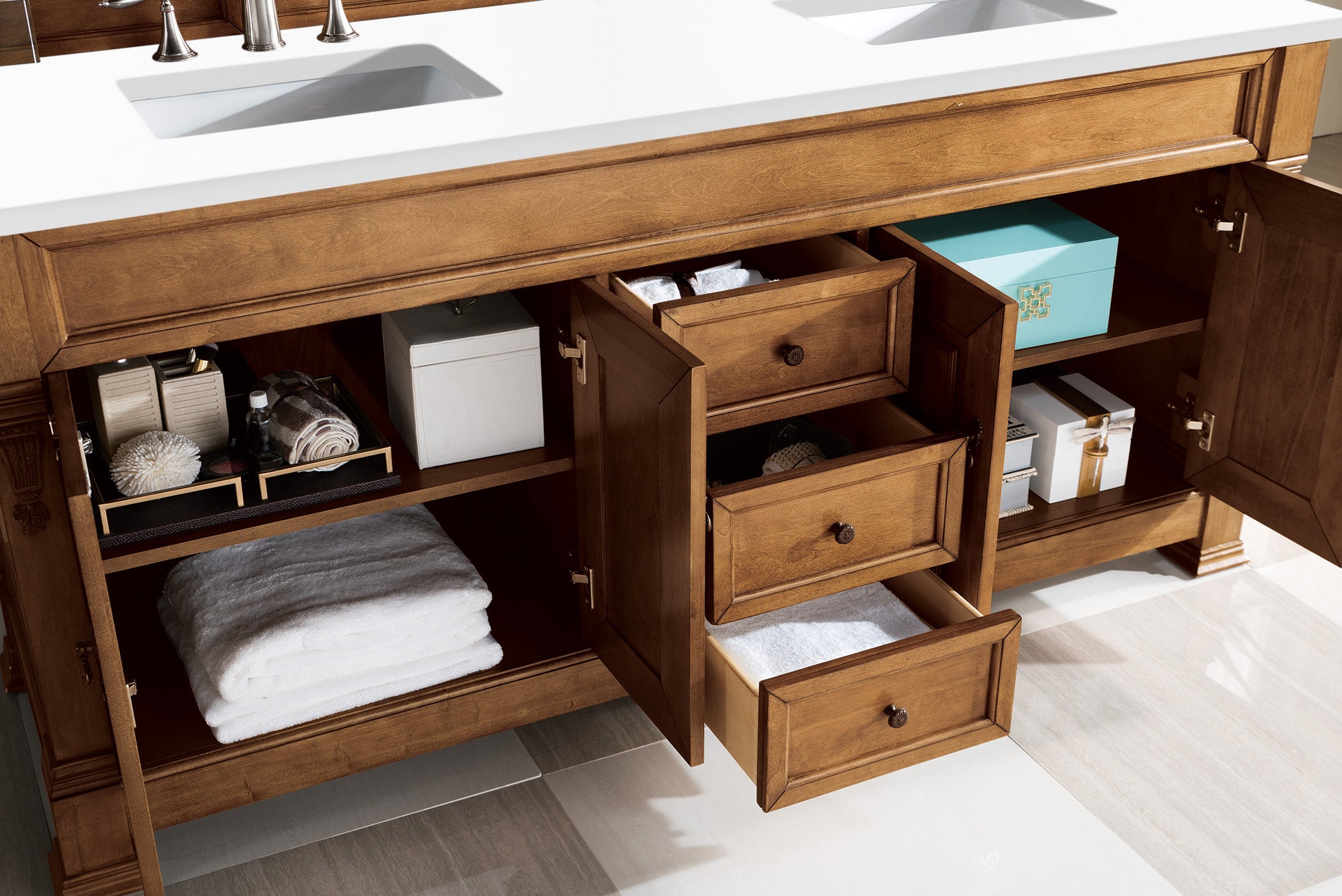 Brookfield 72 Inch Double Vanity with Country Oak Finish & 3CM Classic White Quartz Countertop - Perfect for Bathroom Remodeling and Modern Farmhouse Style Homes