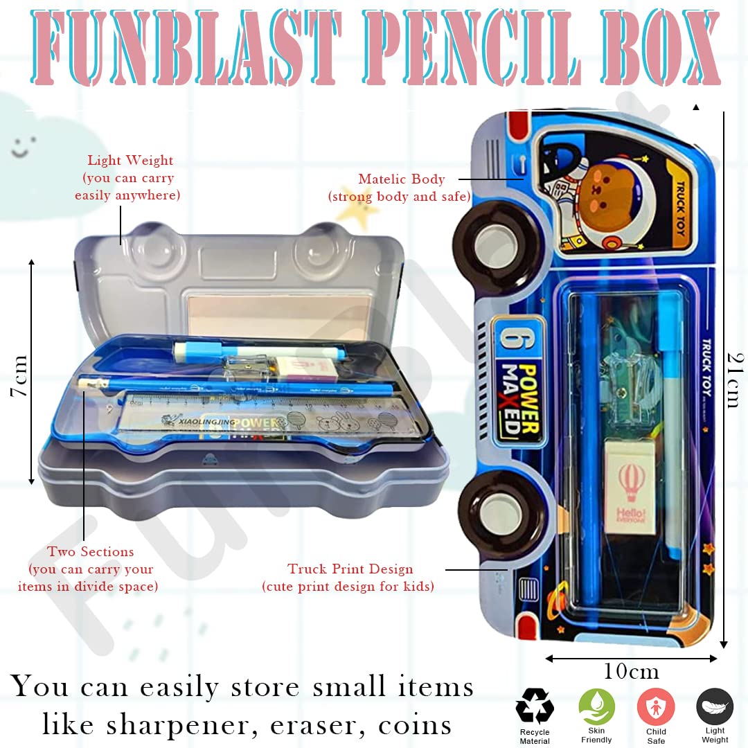 FunBlast Double Layer Metal Pencil Box Set for Kids - Includes Pencils, Eraser & Sharpener - School Stationery Organizer Case - Perfect for Classroom, Homework & Birthday Gifts (Blue)