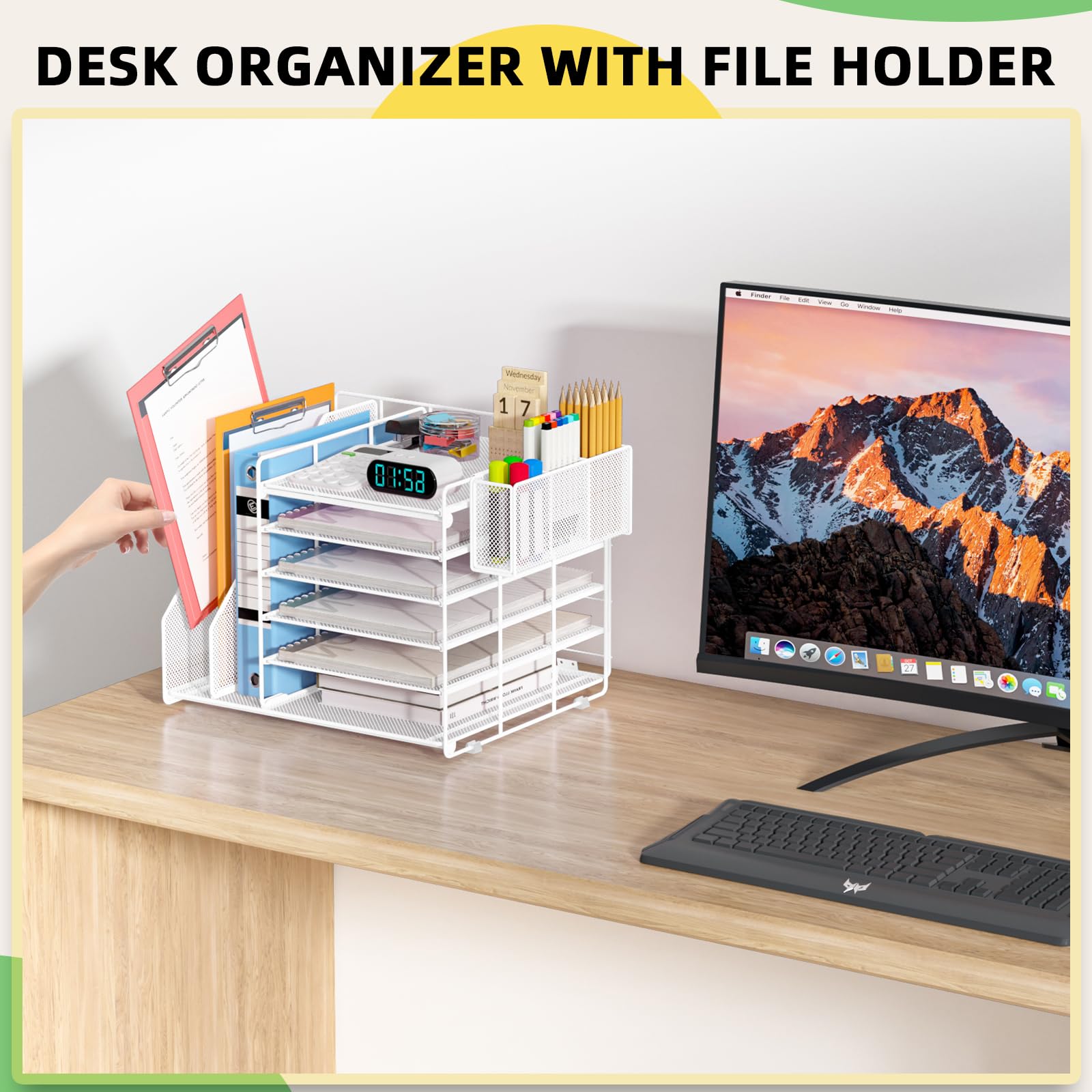 6-Tier Mesh Desk Organizer with File & Pen Holders - White Office Paper Tray for Workspace Organization | Perfect for Home Office, Study Desk & Office Workstation Accessories