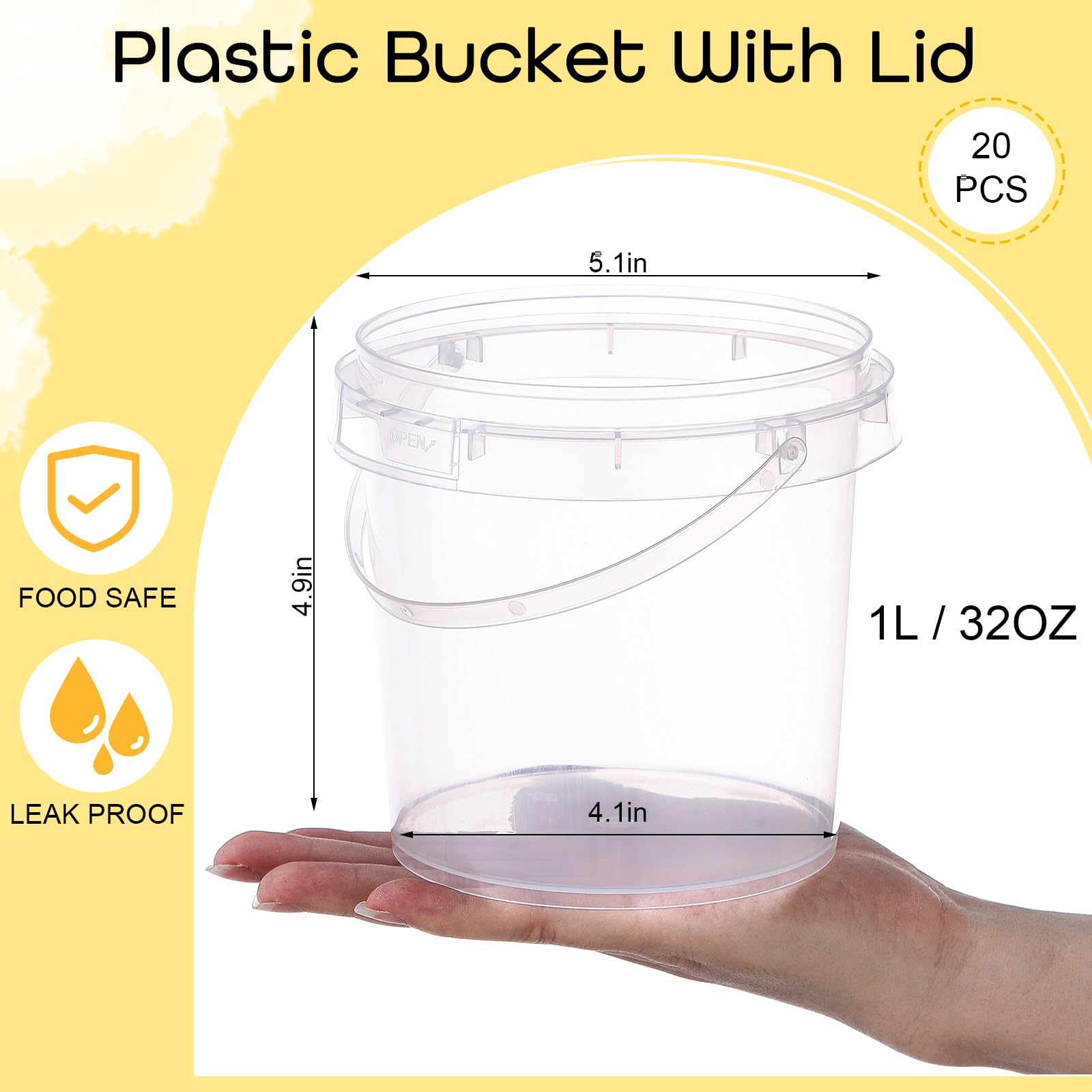 PerKoop 20-Pack 32 oz Clear Reusable Plastic Ice Cream Buckets with Lids & Handles - Transparent Cocktail Rum Containers with Stickers for Parties, Picnics, and Food Storage (Sea)