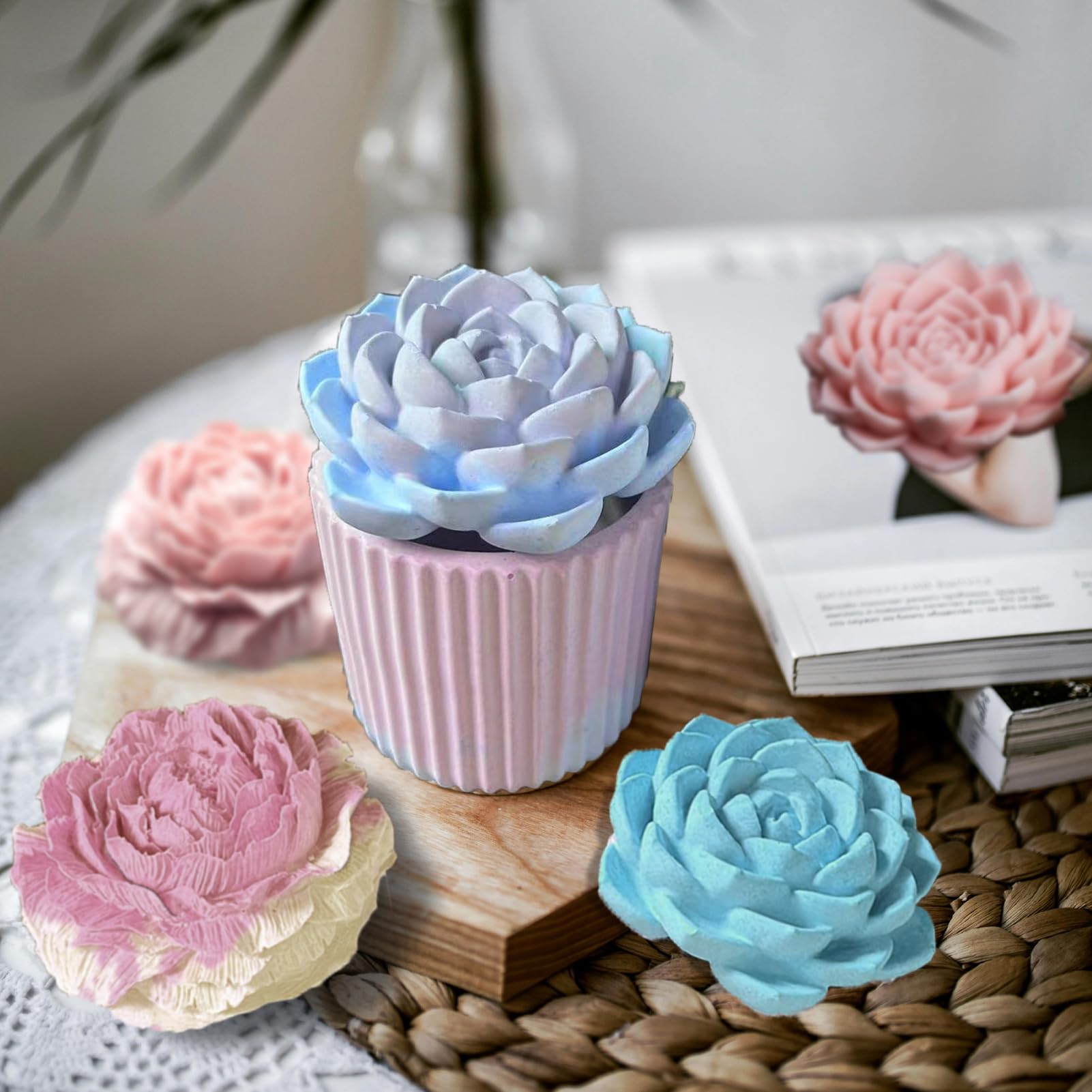 Succulent & Peony Flower Candle Soap Silicone Mold Set - Concrete Candle Molds for DIY Candle Making, Jar Lid Molds with Floral Designs - Perfect for Home Decor, Wedding Favors, and Handmade Gifts
