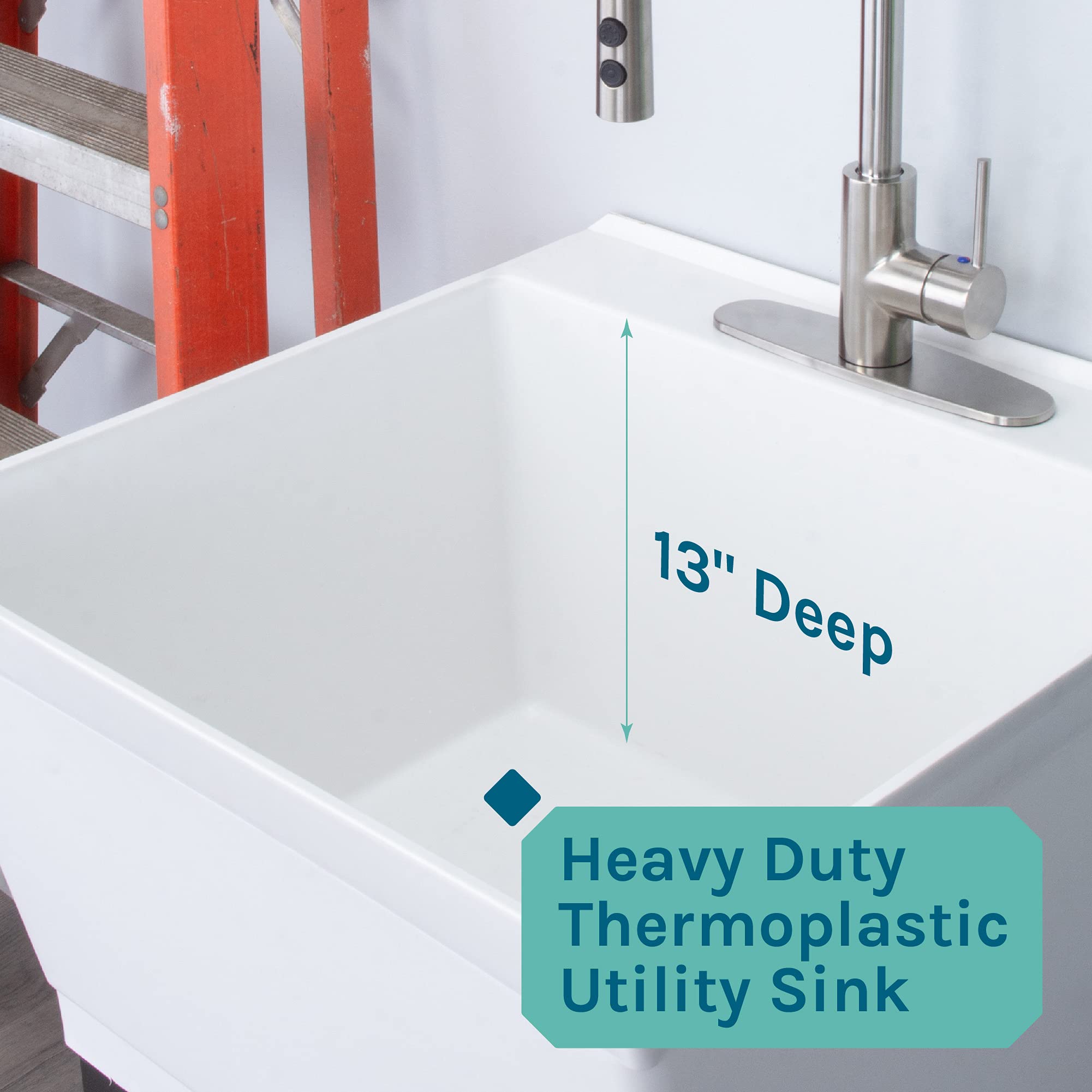 Extra-Deep Utility Sink Laundry Tub - White Freestanding Wash Station with High-Arc Stainless Steel Pull-Down Sprayer Faucet, Integrated Supply Lines & P-Trap Kit - Heavy Duty Floor Mounted for Laundry Rooms, Basements & Garages