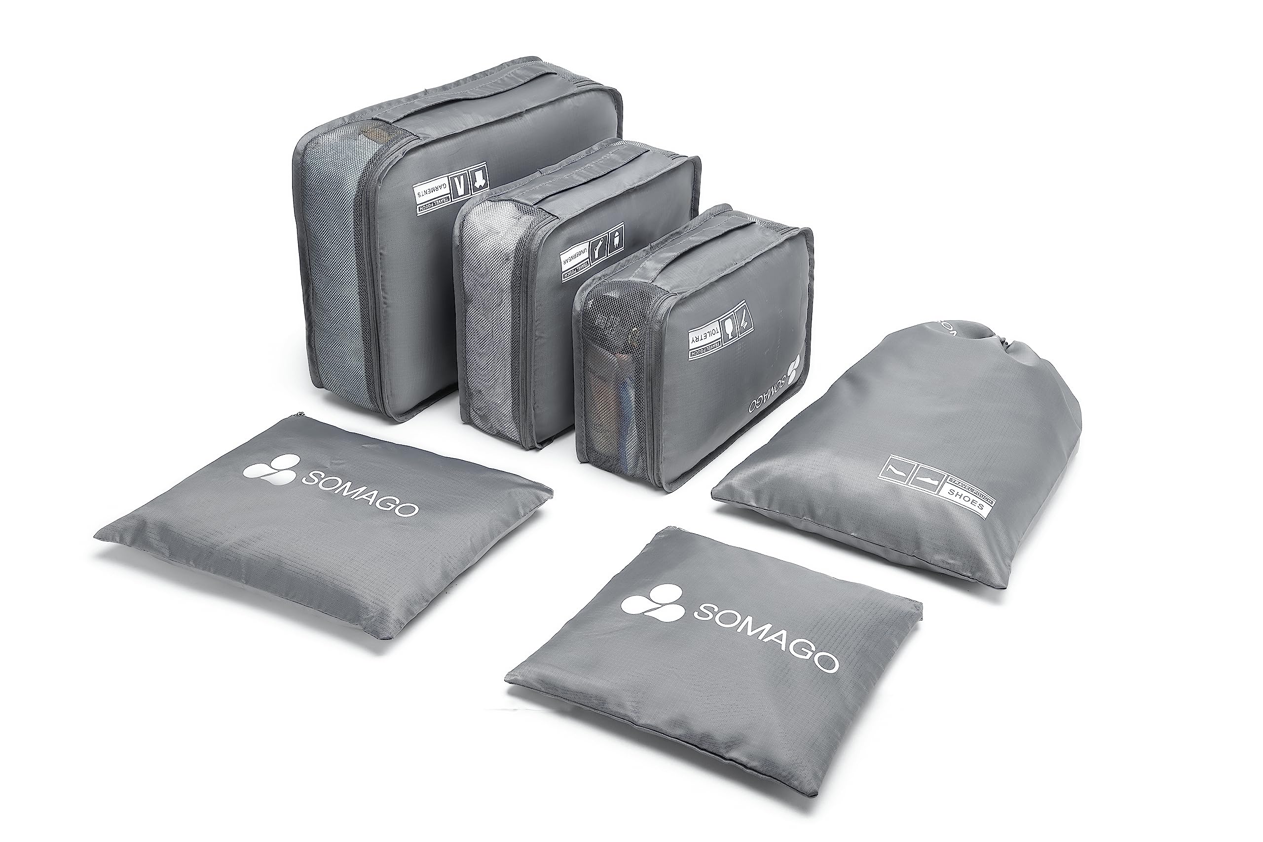 Somago 6-Piece Travel Packing Cubes Set - Organize Clothes, Shoes, Cosmetics & Toiletries - Luggage Storage Bags for Suitcase - Travel Essentials (Grey) - Perfect for Business Trips, Vacations & Weekend Getaways