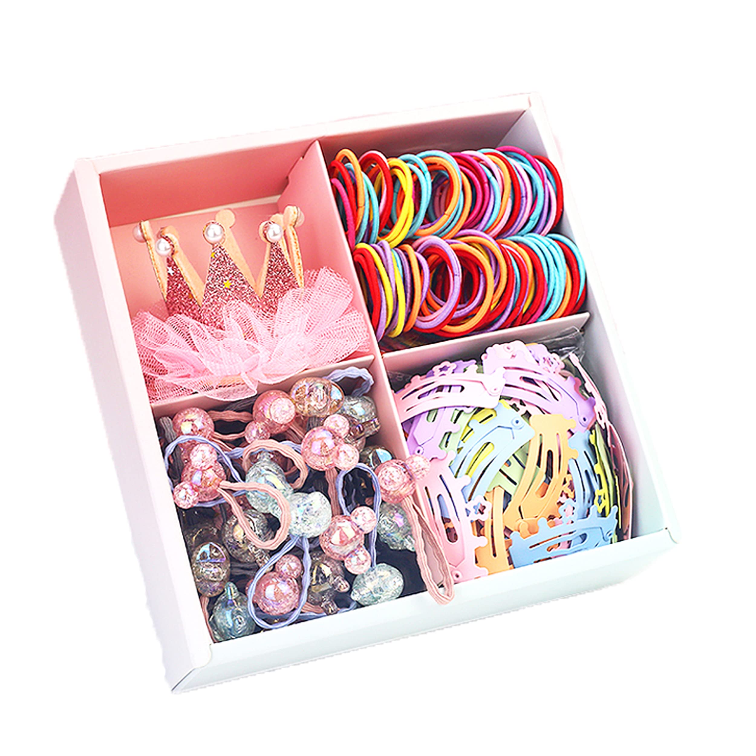 131PCS Colorful Elastic Hair Bands Set with Crown Lace Hair Clips, Mini Claw Clips & Barrettes - Hair Ties & Holders Kit in Storage Box for Girls, Teens & Kids - Perfect for School, Parties & Daily Hairstyling