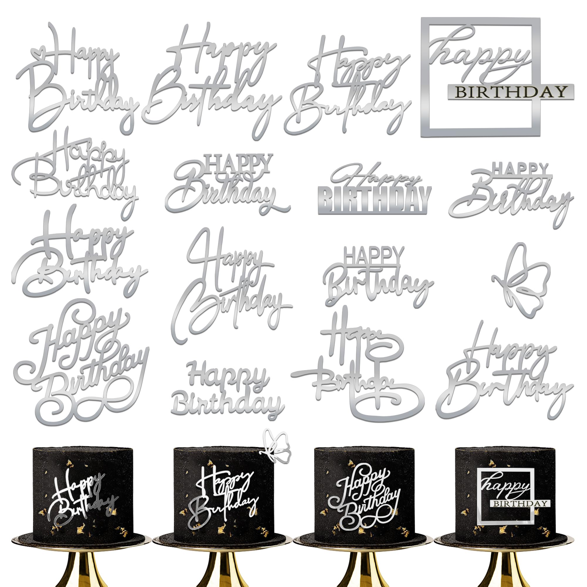 15 PCS Silver Happy Birthday Cake Toppers - Mirror Acrylic Cake Decorations for Birthday Party, Wedding, Anniversary - Cupcake Toppers & Cake Inserts (15 Styles) - Perfect for Desserts, Cakes, and Special Celebrations