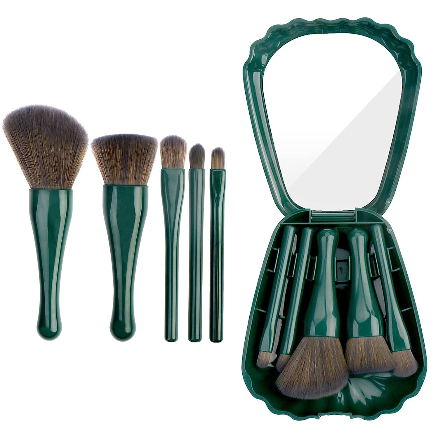 **Kamini Enterprise 5-Piece Mini Makeup Brush Set - Travel-Friendly Foundation & Eyeshadow Brushes with Mirror (Dark Green) - Perfect for On-the-Go Touch-Ups & Professional Makeup Application**