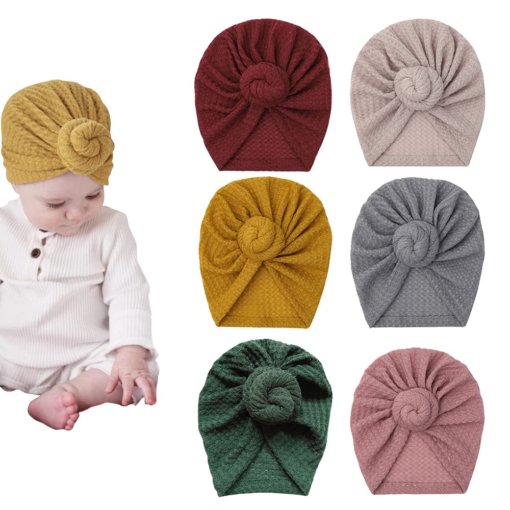 JIAHANG Baby Donut Knotted Bow Hat - Soft Waffle Knit Turban Head Wrap - Unisex Infant Toddler Beanie Cap (6-Pack) - Perfect for Newborn Photos, Baby Showers & Everyday Outfits