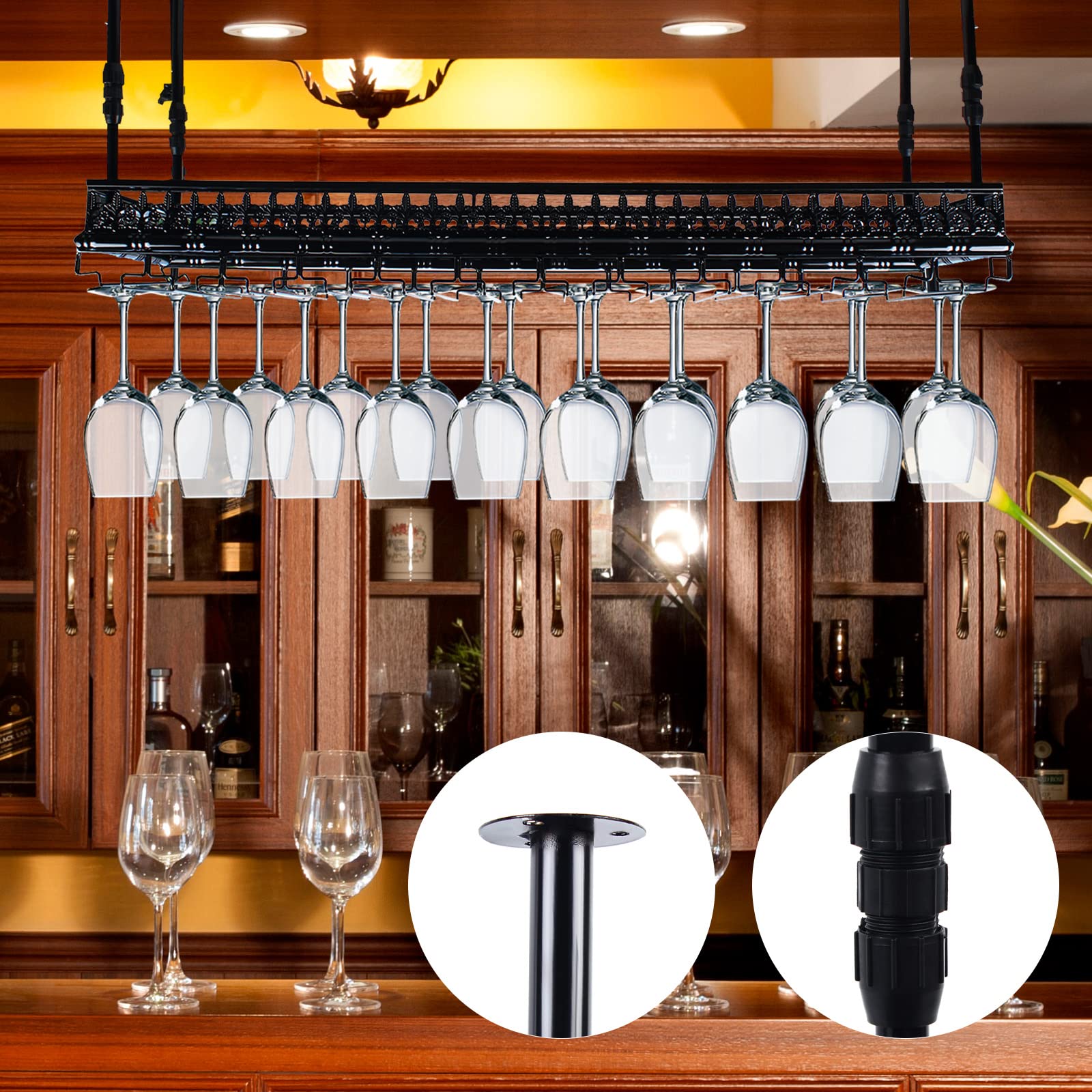 Vintage Metal Under Cabinet Wine Glass Rack - Holds 48 Goblets, Industrial Retro Style for Home Kitchen & Bar - Perfect for Organizing Stemware & Saving Counter Space (Black)