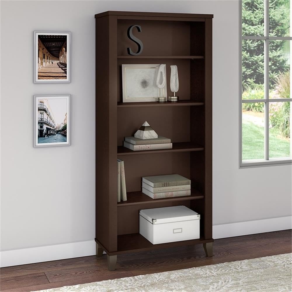 BOWERY HILL 5-Shelf Bookcase in Mocha Cherry - Solid Wood Bookshelf for Living Room, Bedroom, Office & Study - Perfect for Organizing Books, Decor & Storage