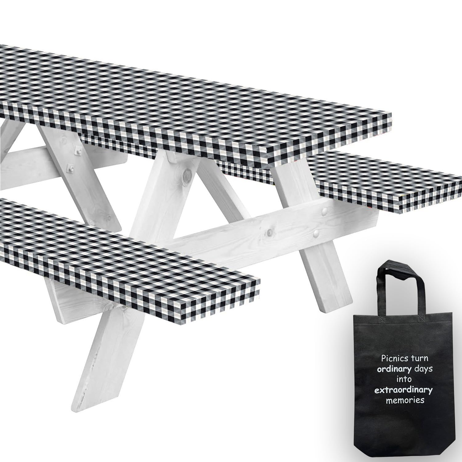 LINPRO Waterproof Vinyl Picnic Table Cover with Bench Covers - Elastic Fitted Camping Tablecloth for Outdoor Dining, BBQs, and Picnics