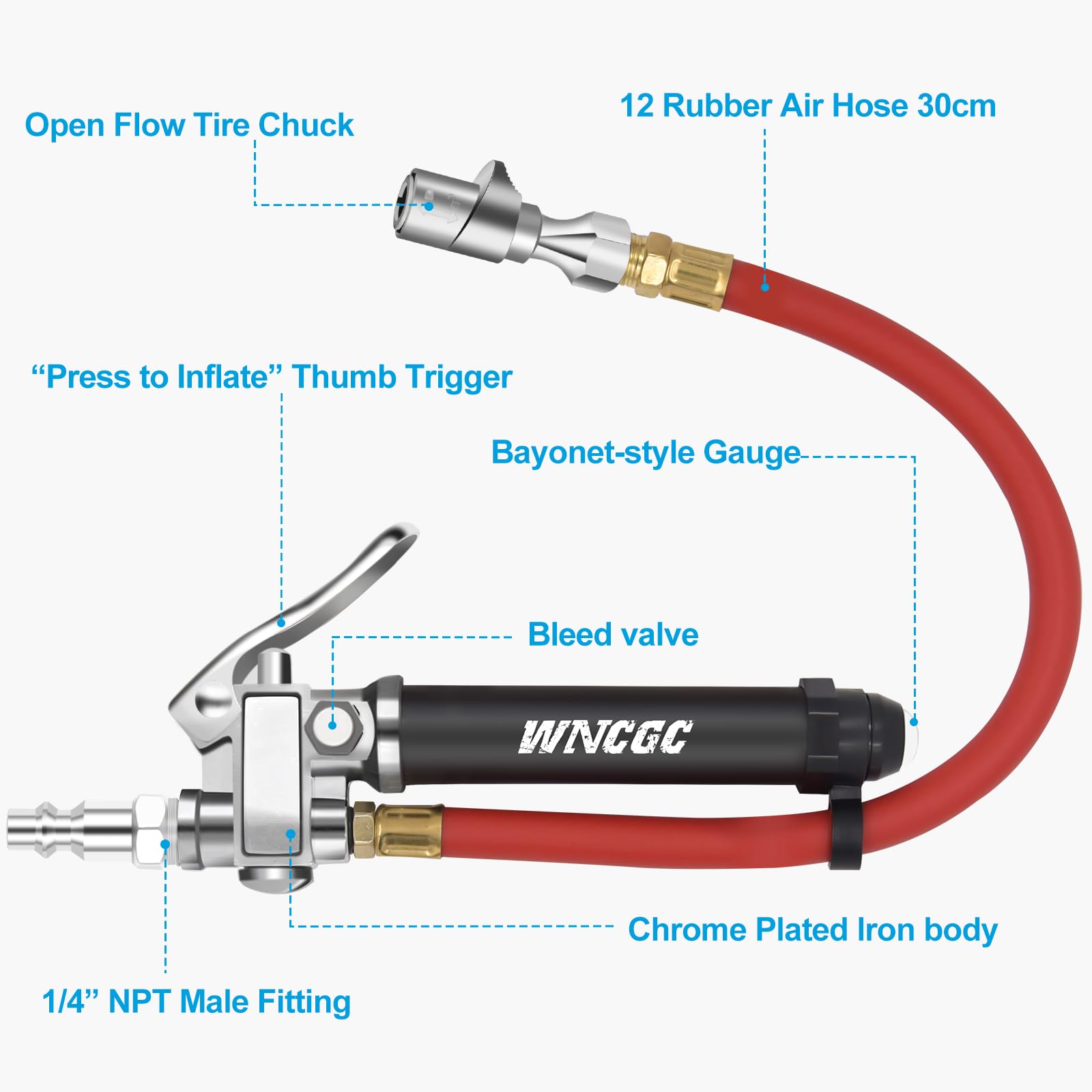 10-120 PSI Heavy Duty Tire Inflator Gauge with Lock-on Air Chuck & 12