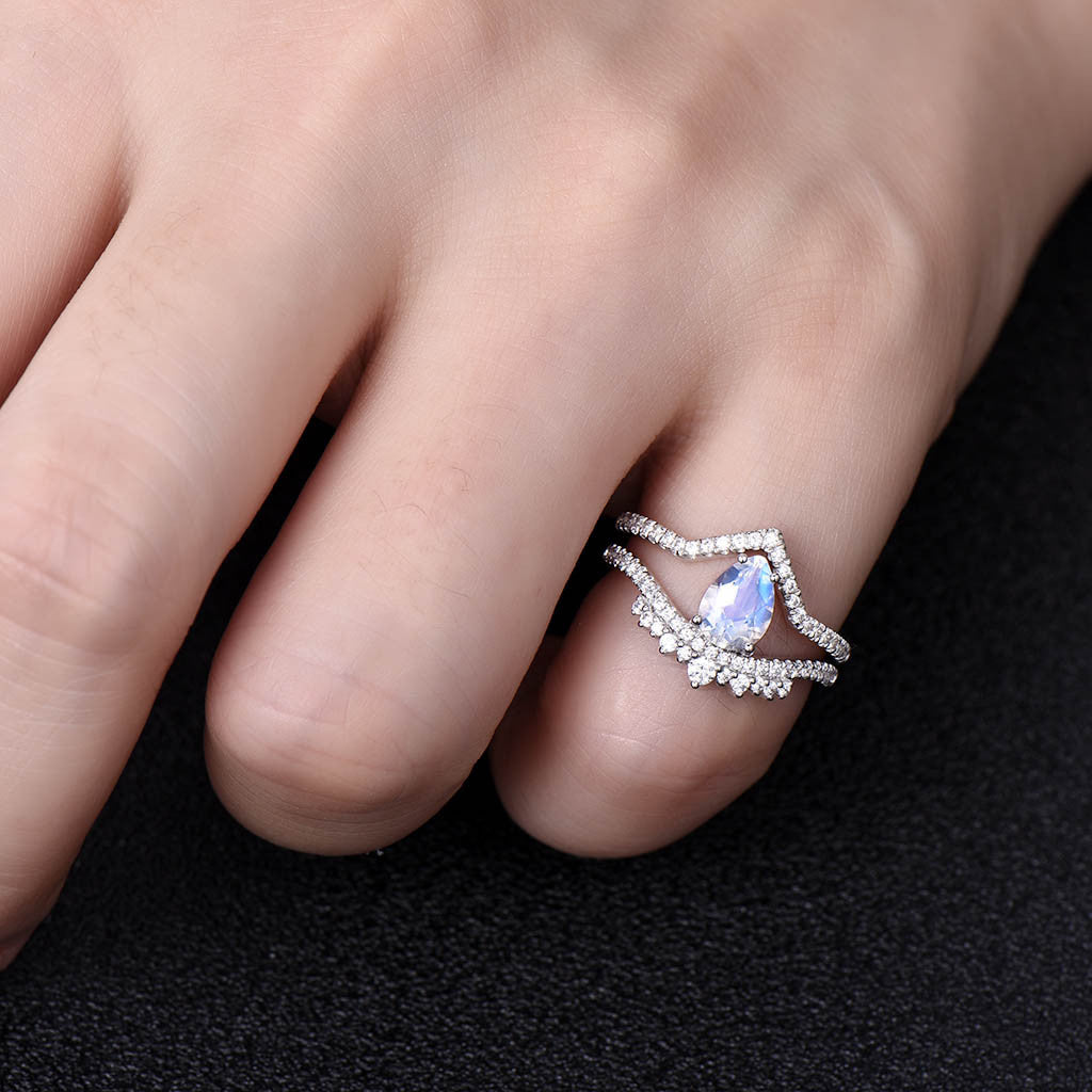 14K/18K White Gold Rainbow Pear Shaped Moonstone Wedding Ring Set for Women - Elegant Bridal Jewelry for Engagement, Anniversary & Special Occasions