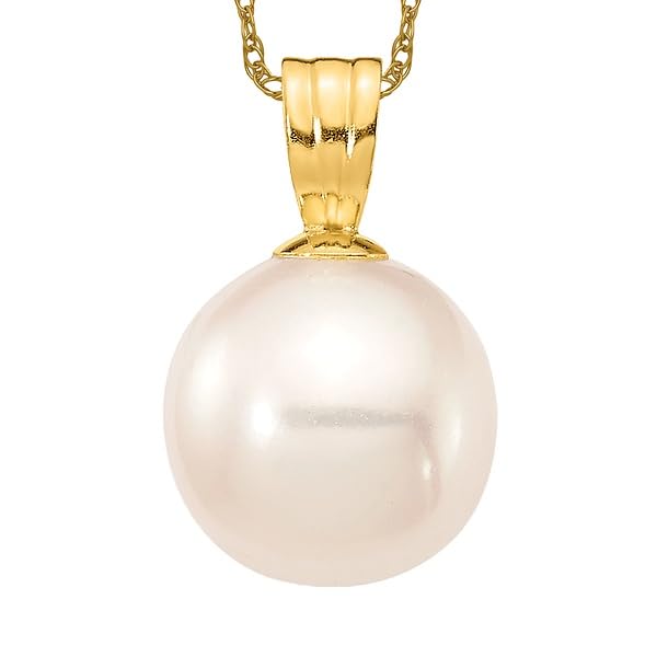 14K Solid Yellow Gold 8mm White Round Freshwater Cultured Pearl Necklace - Elegant Pendant Charm for Women - Perfect for Weddings, Anniversaries & Special Occasions
