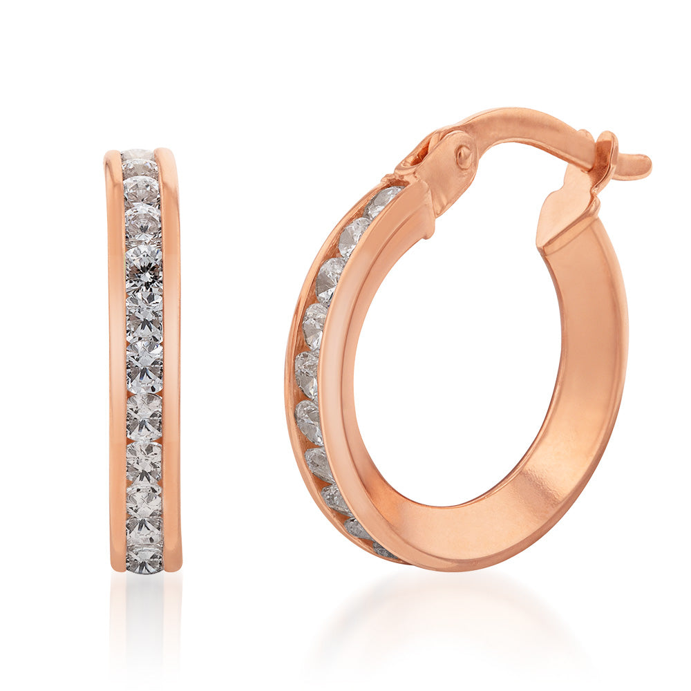 9ct Rose Gold Silver Filled Cubic Zirconia 10mm Hoop Earrings for Women - Elegant Everyday Jewelry for Parties, Weddings & Special Occasions