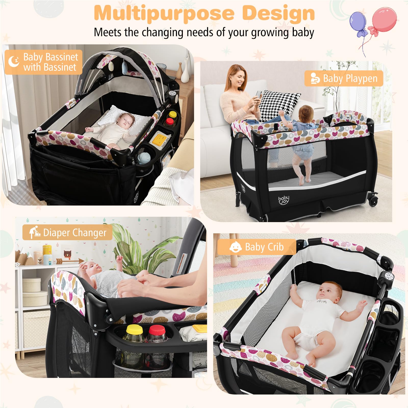 BABY JOY 4-in-1 Portable Baby Playard with Bassinet, Changing Table & Canopy - Foldable Playpen with Storage Basket for Newborn to Toddlers (Circle Design) - Perfect for Nursery, Travel & Indoor/Outdoor Play