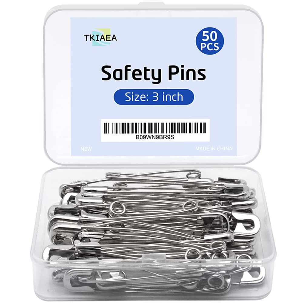 3 Inch Heavy Duty Safety Pins - Pack of 50 Stainless Steel Large Pins for Crafts & Fabrics