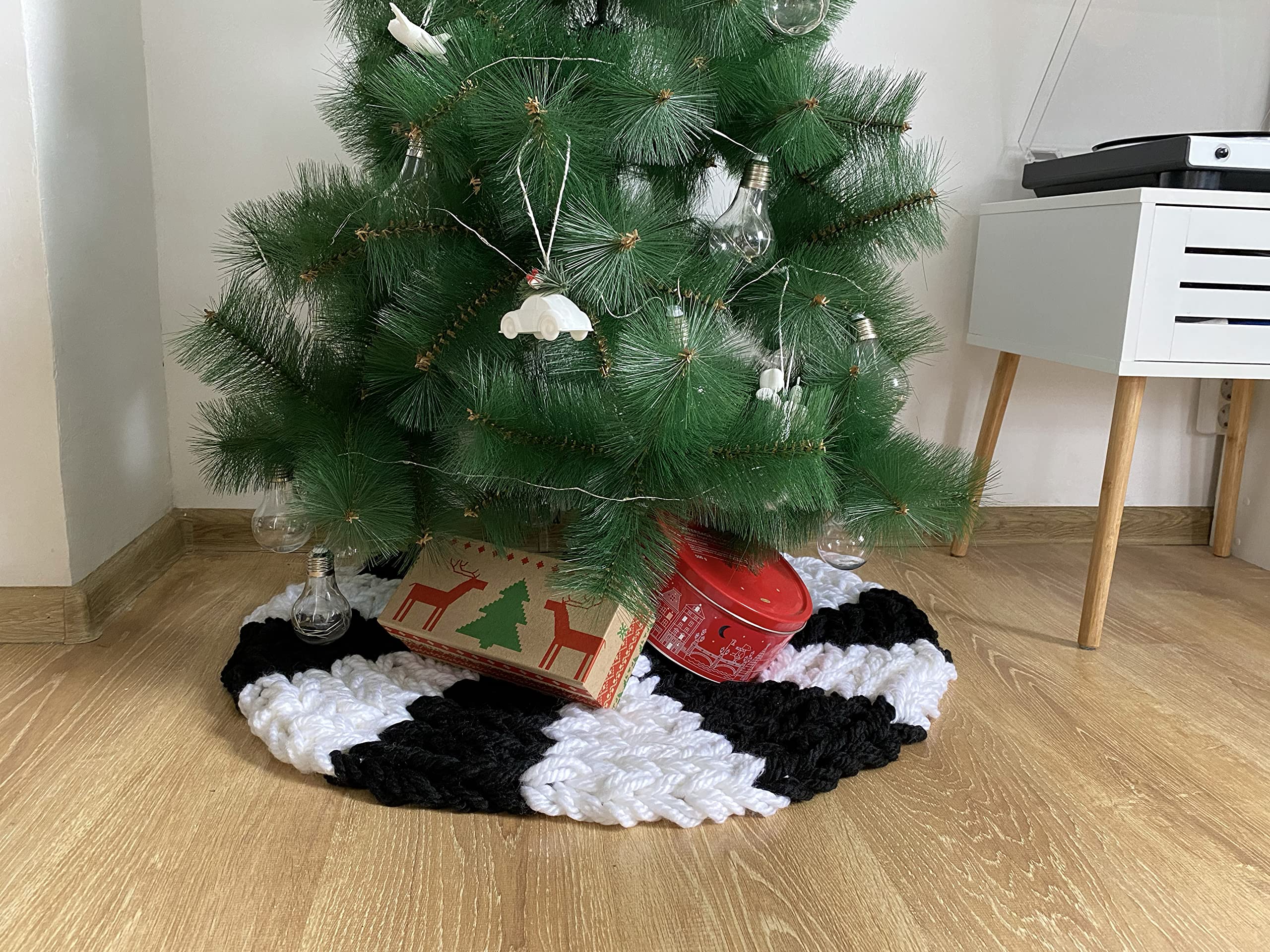 Chunky Knit Black and White Christmas Tree Skirt - 45 Inch Round Holiday Decoration for Xmas | Perfect for Living Room, Bedroom & Festive Home Decor