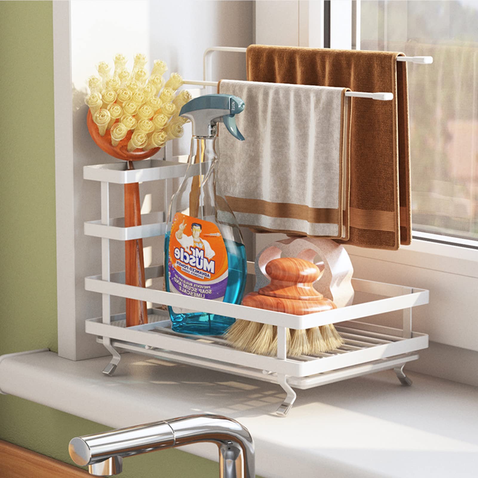 Stainless Steel Sponge Holder with Drip Tray - Sink Caddy Organizer for Dish Sponge, Brush & Soap - Countertop or Wall Mount Kitchen & Bathroom Storage Solution - Perfect for Small Spaces & Clutter-Free Sinks