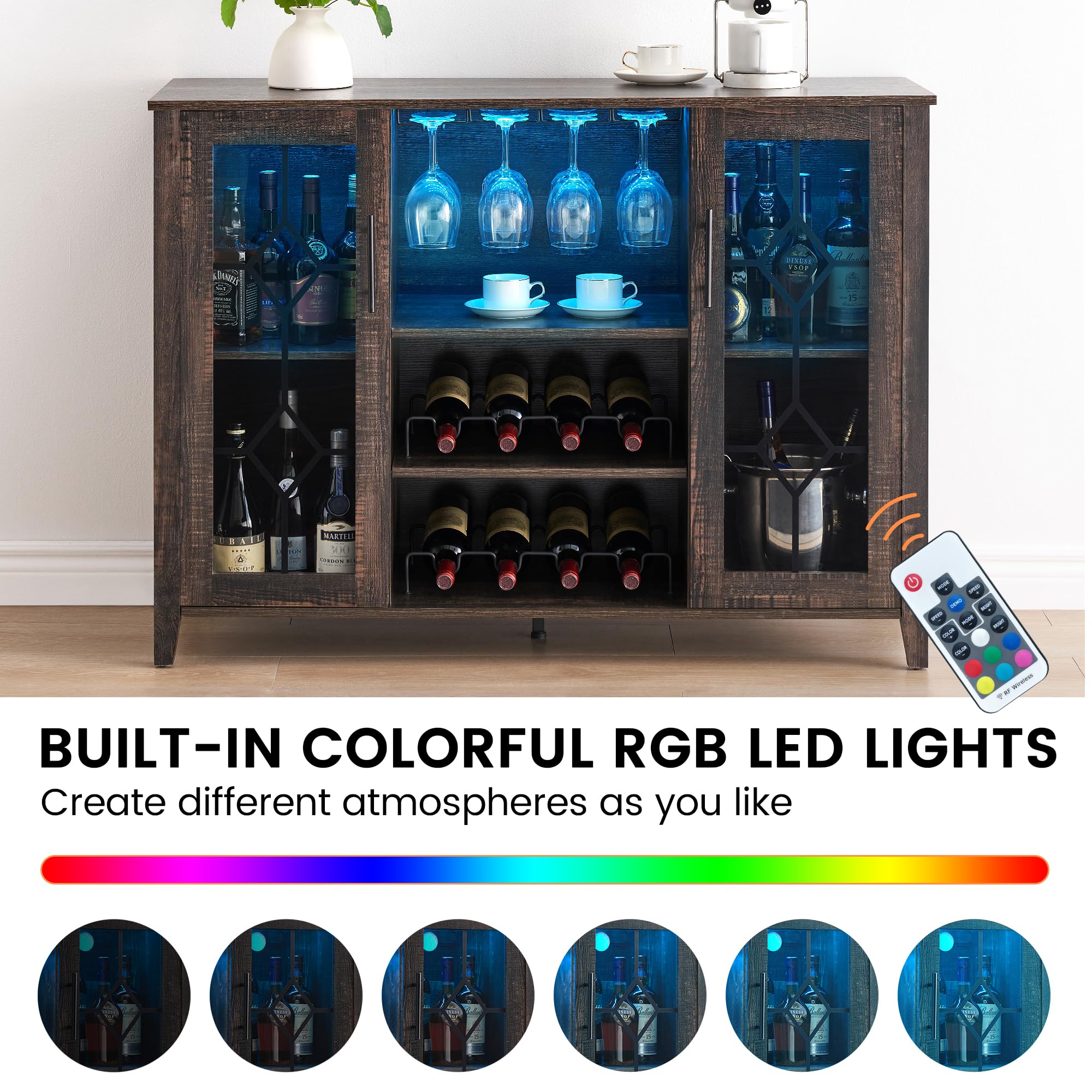 **IDEALHOUSE Wine Bar Cabinet with LED Light - Rustic Oak Kitchen Buffet Sideboard with Wine & Glass Rack, Storage Cabinet for Bar, Dining Room & Home Decor - Perfect for Entertaining & Displaying Liquor Collection**