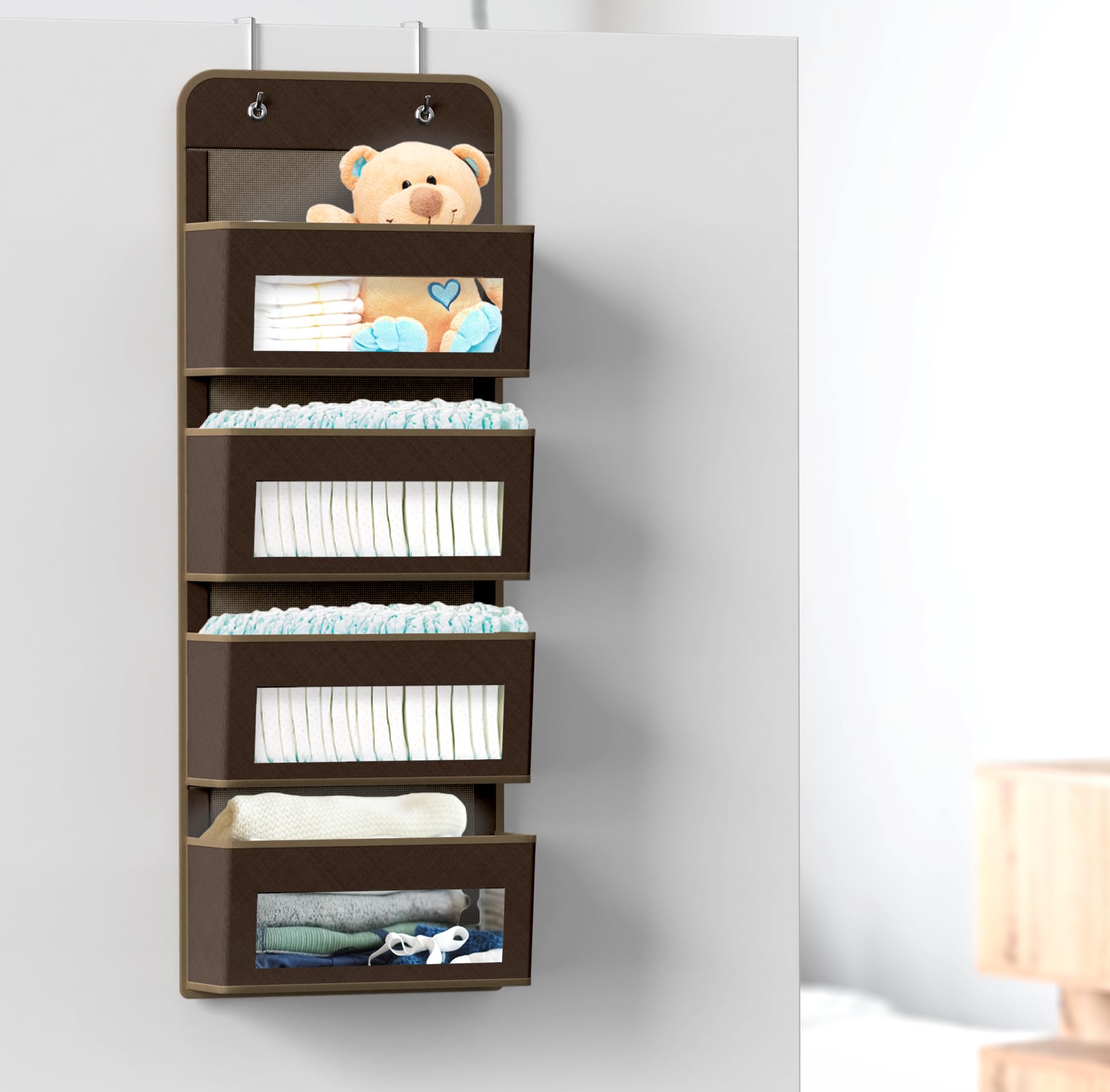 Simple Houseware Over Door/Wall Mount 4 Clear Window Pocket Organizer - Brown | Hanging Storage Solution for Bathroom, Bedroom, Kitchen & Office Organization