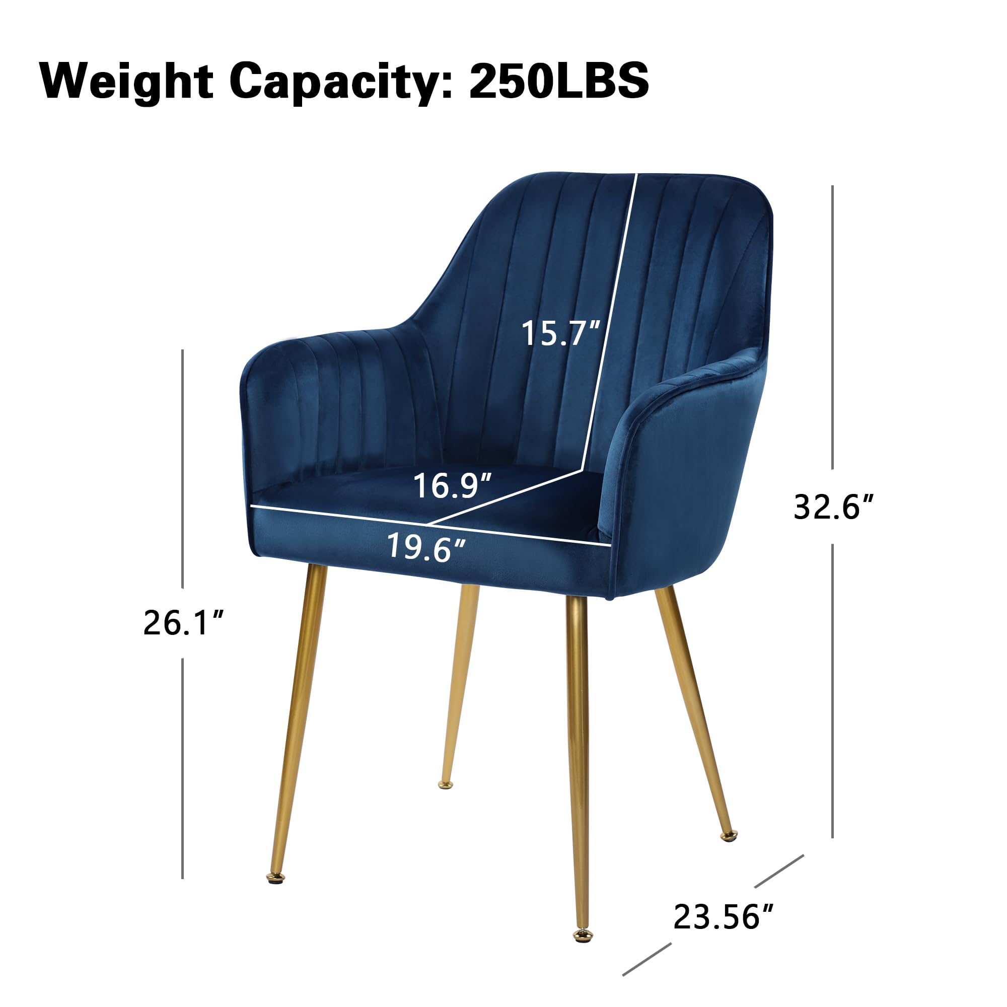 Set of 2 Velvet Upholstered Dining Chairs with Gold Metal Legs - Luxurious Accent Chairs for Living Room, Bedroom or Dining Area (Blue) - Perfect for Home Decor, Entertaining Guests & Cozy Seating