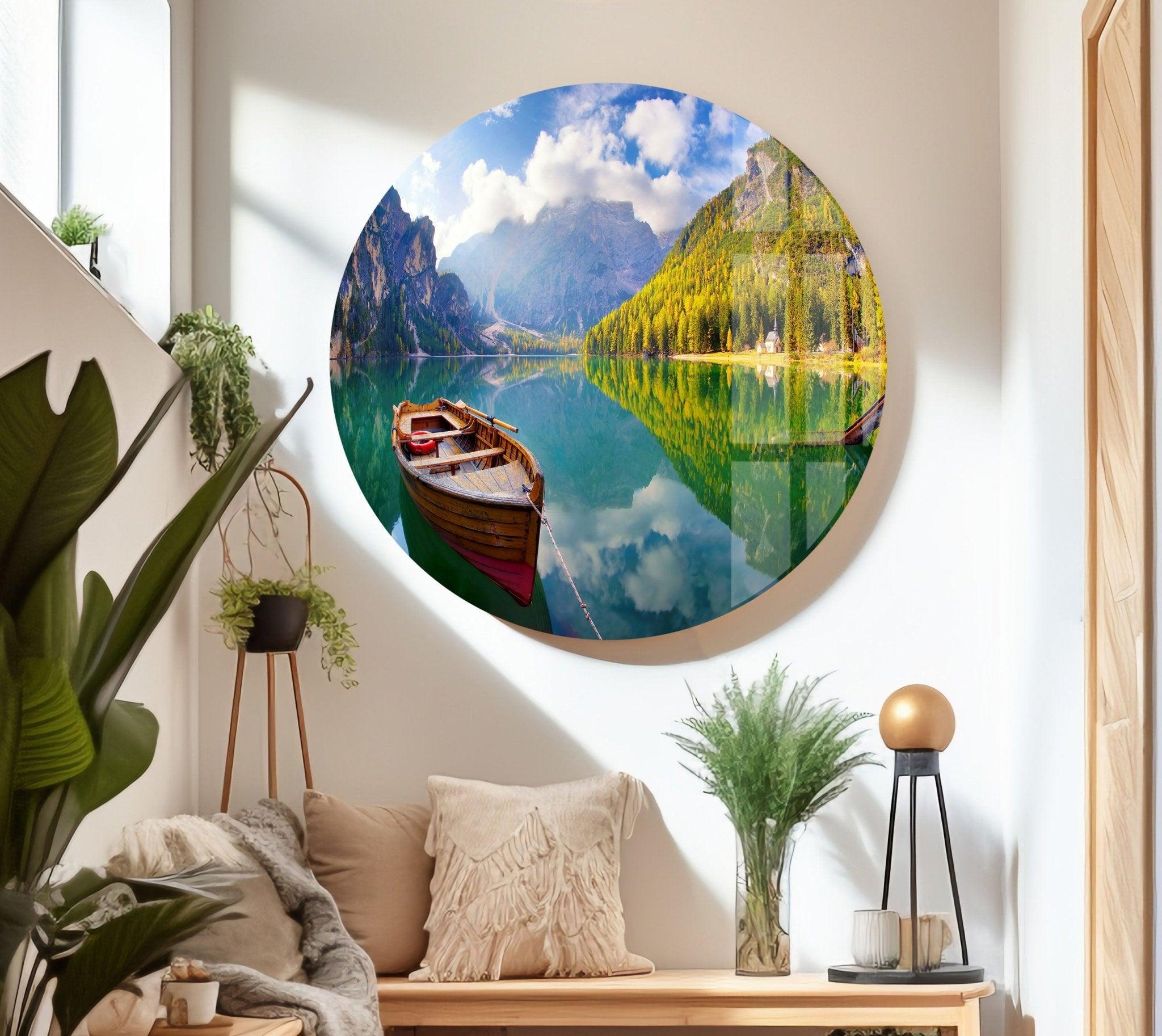 Autumn Boat on Lake Glass Wall Art - Handmade Landscape Painting for Home & Office Decor - Perfect for Living Room, Bedroom, or Office Wall Decor