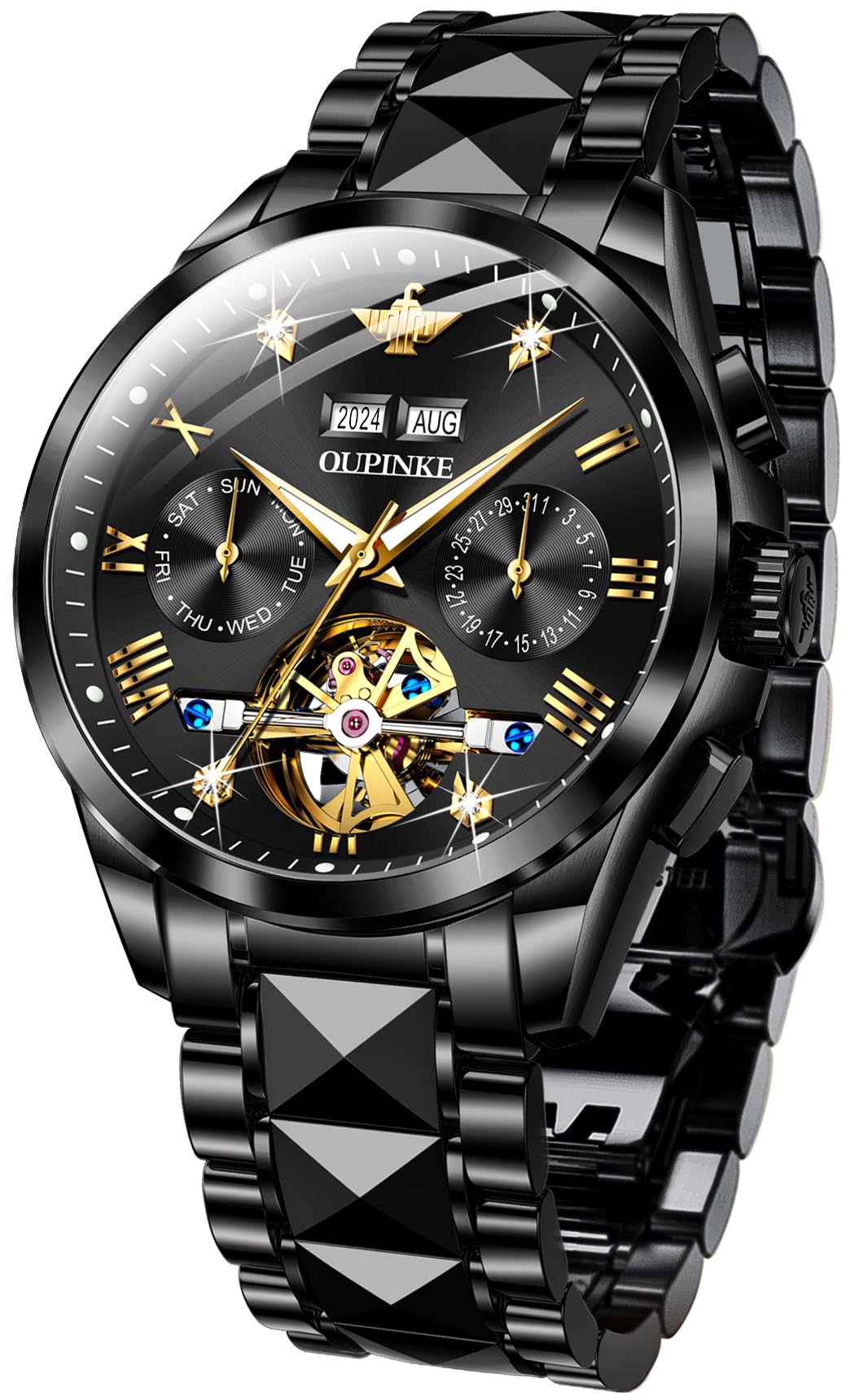 OUPINKE Men's Luxury Automatic Skeleton Watch with Diamond Accents - Self-Winding Dress Watch with Sapphire Crystal & Tungsten Steel Band - Perfect for Business, Formal Events & Gift Giving