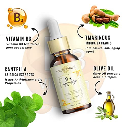 Khadi Niacinamide Vitamin B3 & B5 Face Serum - Brightens Skin, Reduces Dark Spots & Hyperpigmentation, Sun Damage Protection - 30ml - Perfect for Daily Skincare Routine & Anti-Aging Treatment