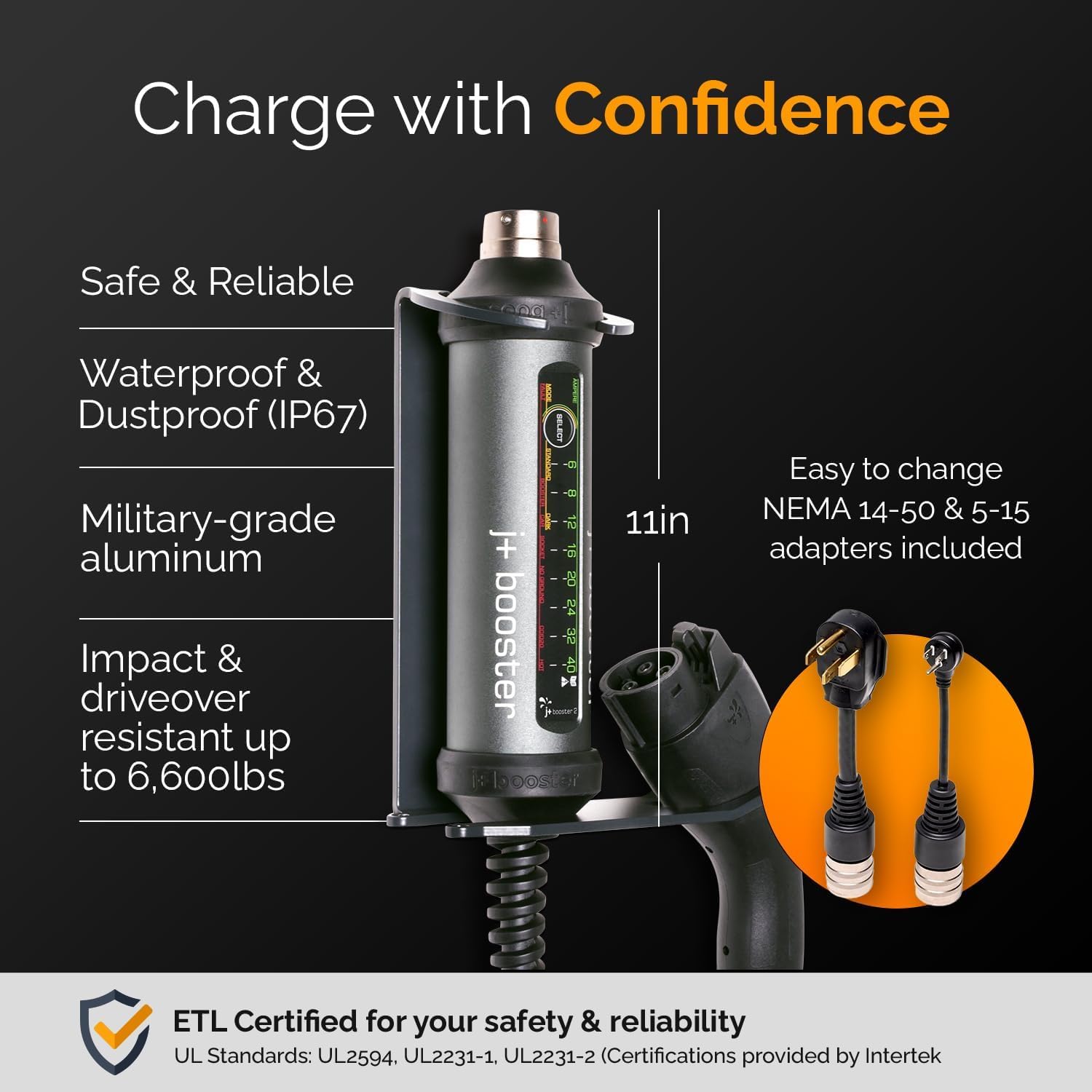 J+ Portable Level 2 EV Charger 40 Amp (J1772, 9.6KW) - 240V Electric Vehicle Charging Station with NEMA 14-50 & 5-15 Plugs - ETL Certified, IP67 Waterproof, 25ft Cable for Indoor/Outdoor Use - Perfect for Home, Office & Road Trip Charging