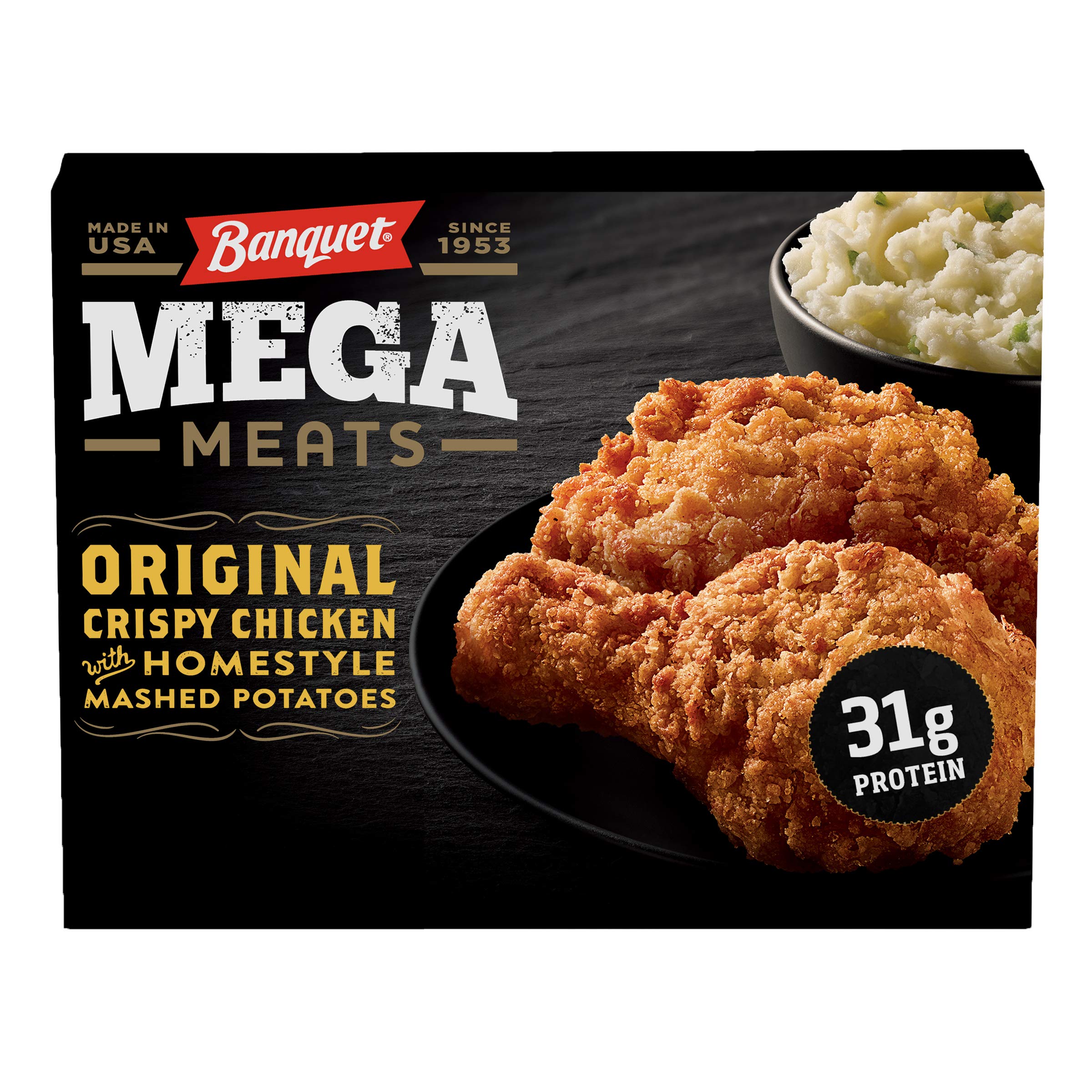 Banquet Mega Meats Original Crispy Chicken with Homestyle Mashed Potatoes - Frozen Dinner Meal 14.25 oz (404g) | Quick & Easy Microwaveable Meal for Busy Weeknights, College Students & Office Lunches