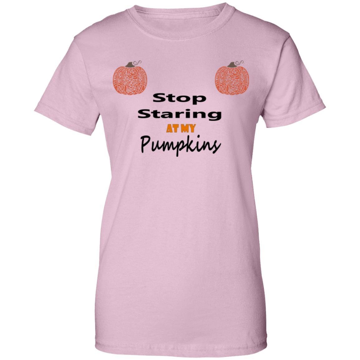 Stop Staring At My Pumpkins Women's 100% Cotton Graphic T-Shirt - Funny Fall Halloween Tee for Pumpkin Patch & Autumn Outings