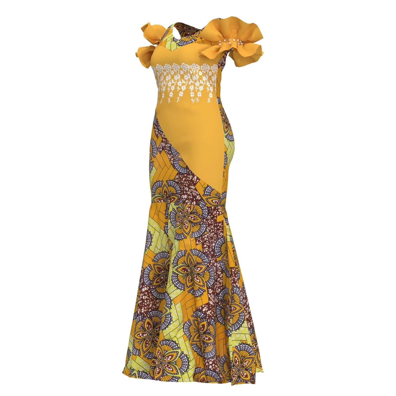 Elegant Ankara Maxi Mermaid Dress for Women - African Print Lace Decorated Gowns for Parties, Weddings & Special Occasions