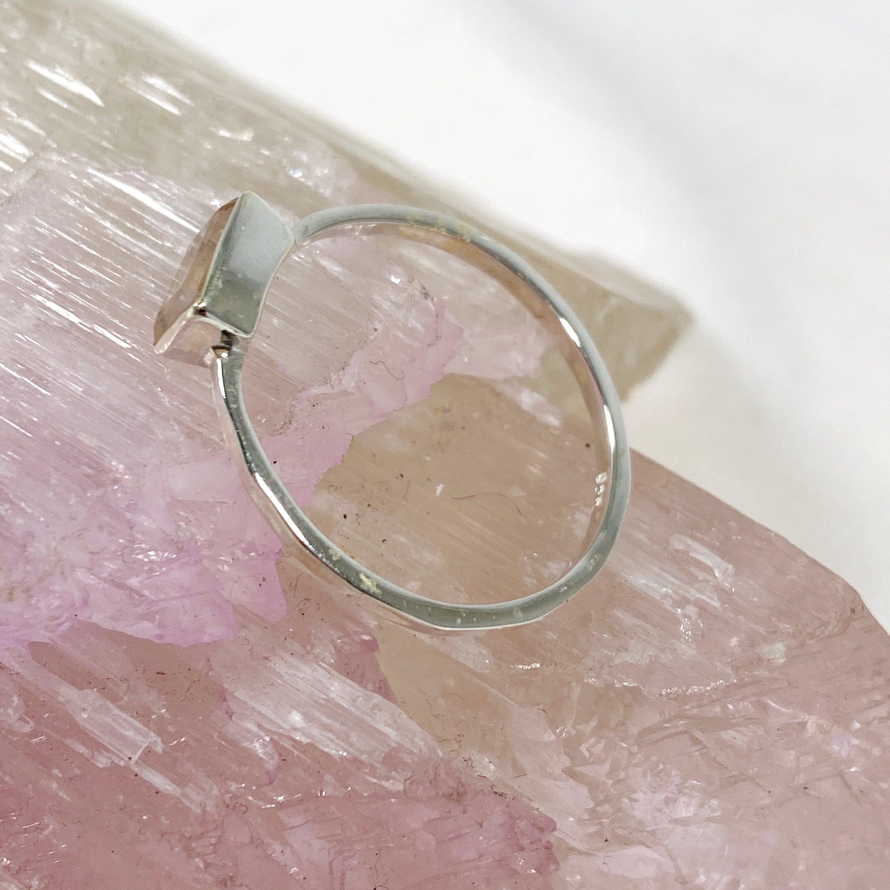 Rose Quartz Rectangular Faceted Fine Band Ring - Dainty Stackable Gemstone Jewelry for Women - Perfect for Everyday Wear, Gift Giving & Special Occasions