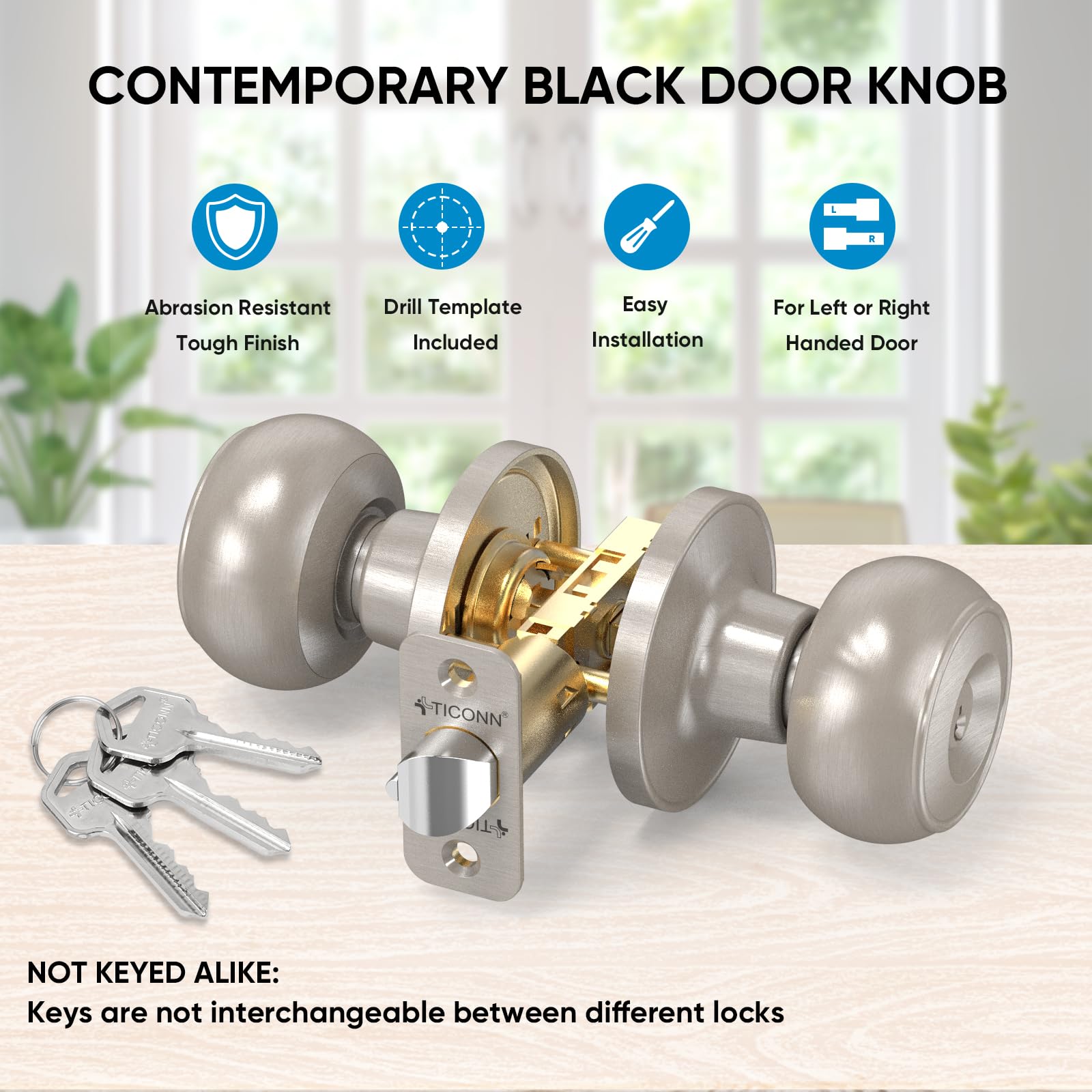 TICONN Round Door Knob with Deadbolt - Satin Nickel (1-Pack) for Bedroom & Bathroom Security