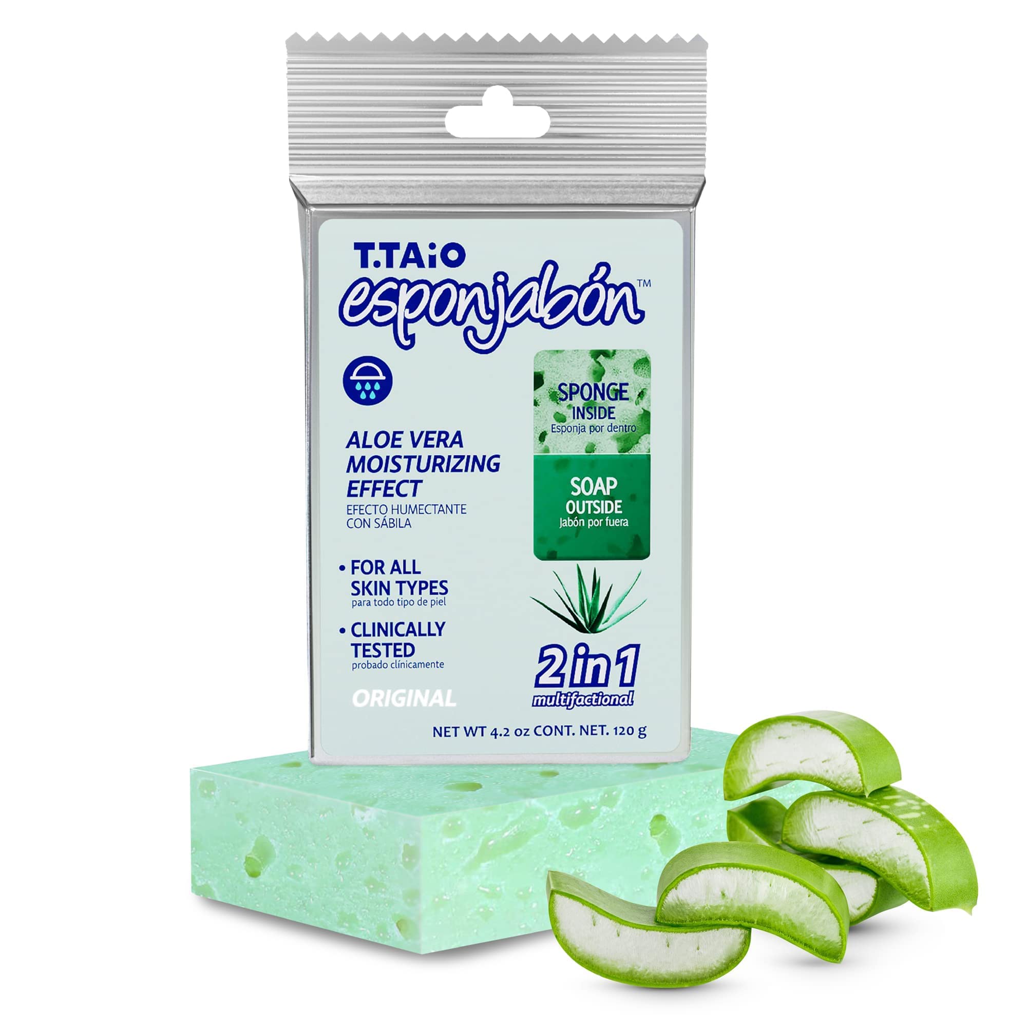 T.Taio Aloe Vera Soap Sponge - Gentle Exfoliating Shower Scrubber for Face, Body & Feet - Deep Cleansing Bath Wash Sponge Removes Dirt & Oil - Massage & Lather for Smooth Skin - Perfect for Shower, Bath & Spa Day - Fresh Aloe Vera Scent Bath Accessories