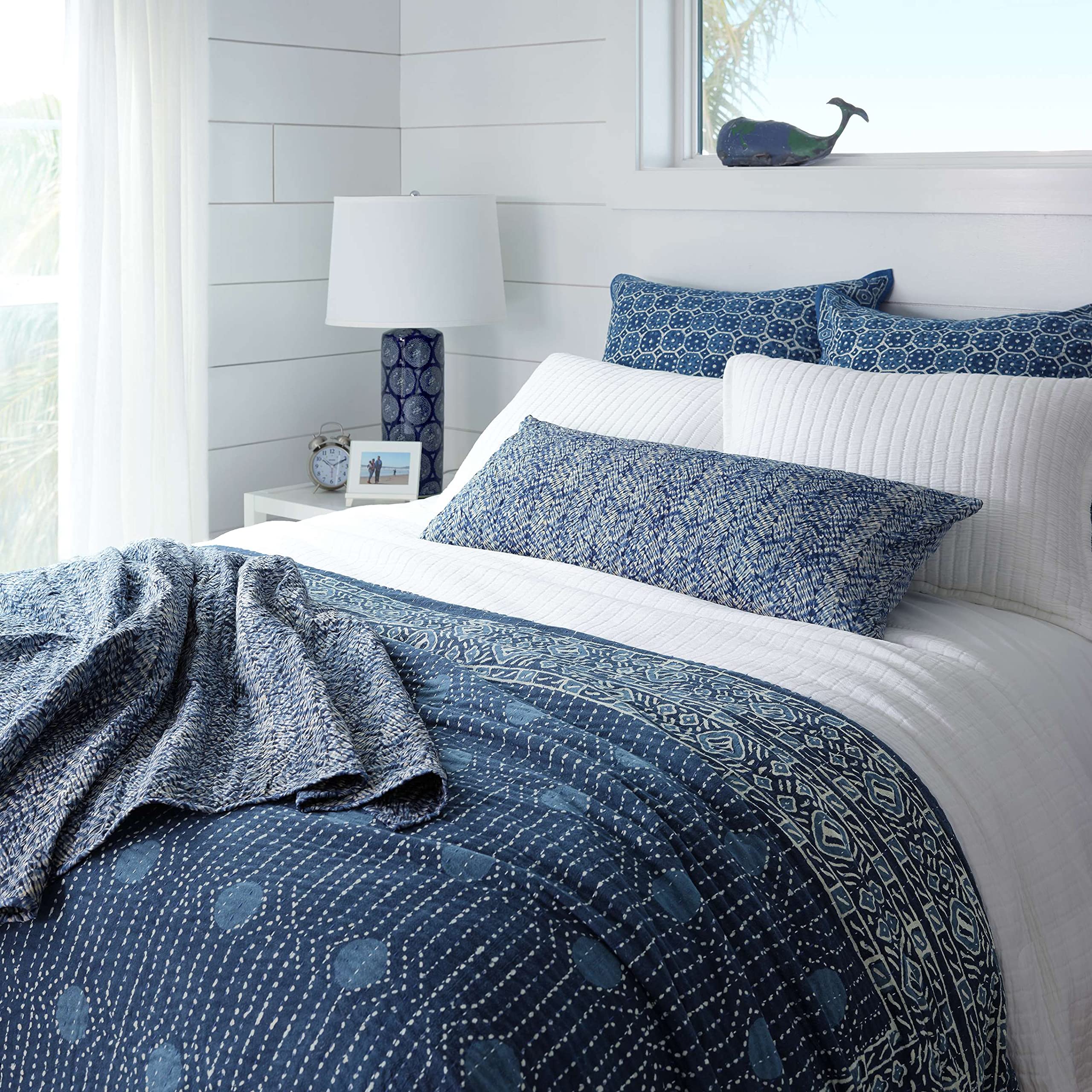 Resist Dot Indigo Coverlet - Queen Size Blue Graphic Pattern Bedspread | Soft & Stylish Bedding for Master Bedroom & Guest Room Decor