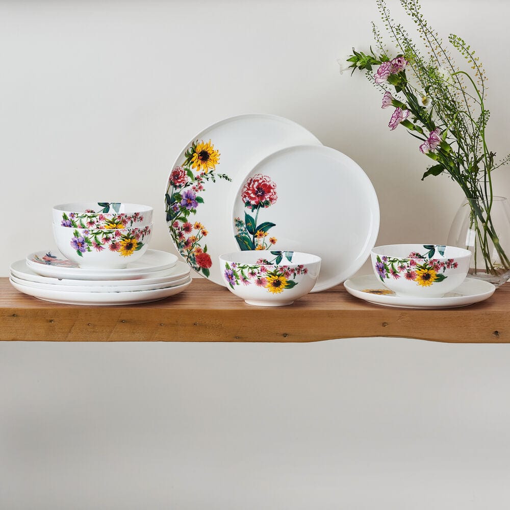 Garden of Petals 12-Piece Dinnerware Set - Porcelain Tableware Service for 4, Elegant Dinner Plates, Salad Plates, Bowls & Mugs - Perfect for Family Dinners, Holiday Entertaining & Restaurant-Style Dining