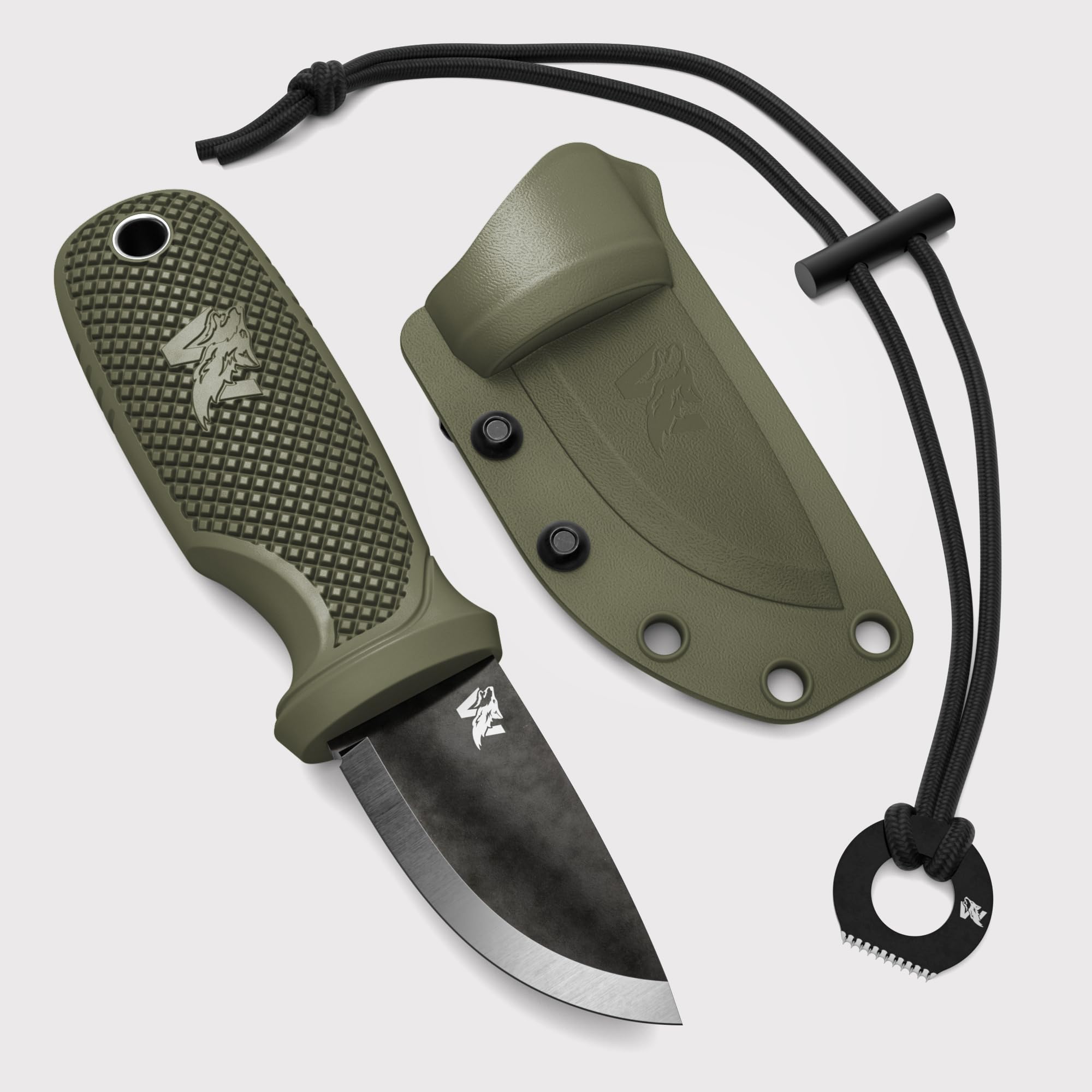 W-MINI 2 - Compact EDC Neck Knife with Sheath - Tactical Fixed Blade Knife for Outdoor Survival, Camping & Everyday Carry - Includes Necklace, Belt Clip & Fire Starter - Full Tang Design for Durability
