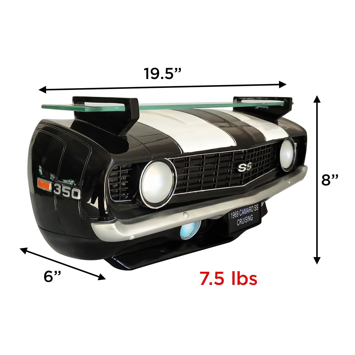 1969 Chevrolet Camaro SS Floating Wall Shelf - Black with White Stripes - 19.5x6x8 Inches - Tempered Glass with Battery Powered LED Headlights - Perfect Chevy Car Decor & Muscle Car Gift for Men - Ideal for Garage, Man Cave, or Car Enthusiast Bedroom Decor