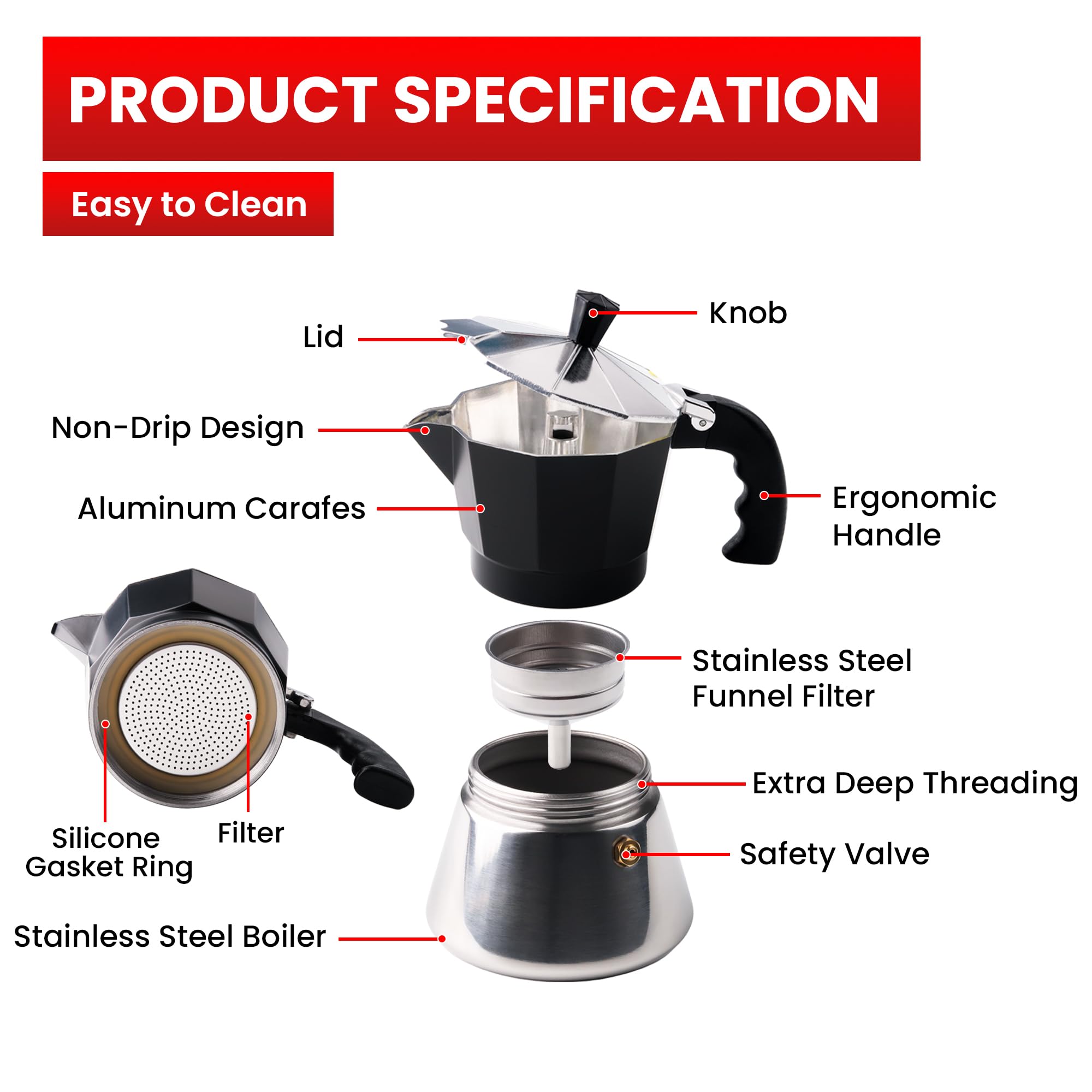 Italian Stovetop Espresso Maker 3 Cup - Moka Pot Coffee Maker with 2 Ceramic Cups, Stainless Steel 6oz Cafetera Cubana for Perfect Cuban Coffee - Ideal for Home Brewing, Camping & Gifts