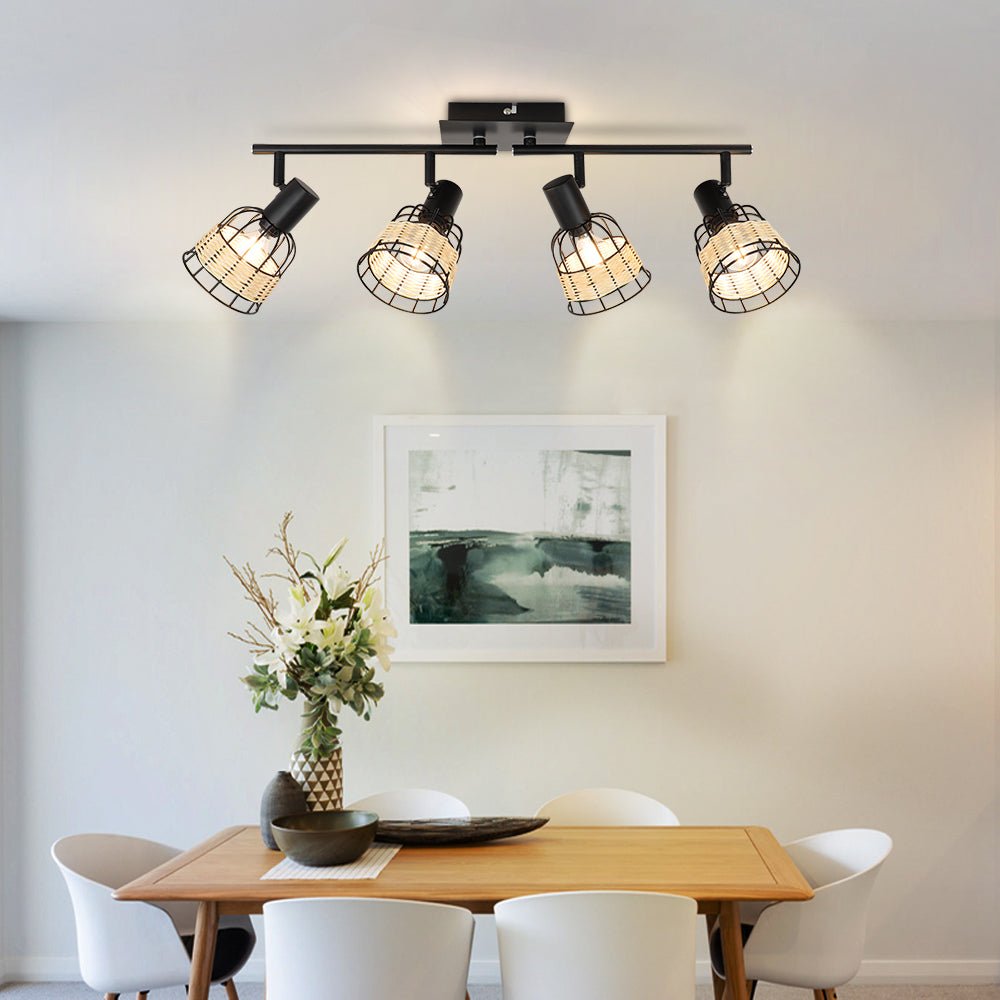 Depuley 4-Head Modern Track Lighting Kit - Vintage Rattan & Bamboo Wall/Ceiling Spotlight with Woven Cage - Farmhouse Style Lighting for Kitchen, Dining Room, Office, Restaurant, Cafe and Bedroom