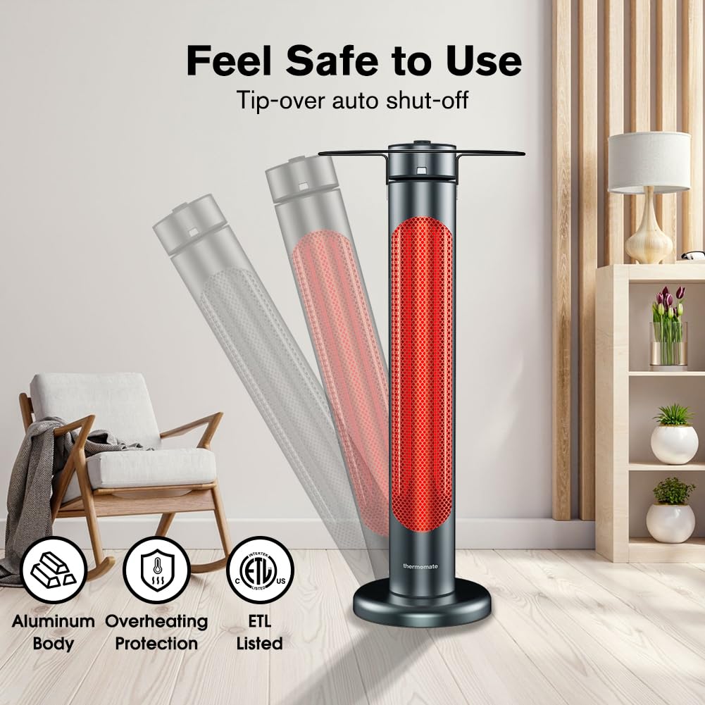 Thermomate 1500W Electric Patio Heater with Remote Control - IP65 Waterproof Outdoor/Indoor Infrared Heater, 8 Heating Levels, 8-Hour Timer & Oscillation, Tip-Over Protection - Perfect for Garage, Backyard, Restaurant, and Patio Use