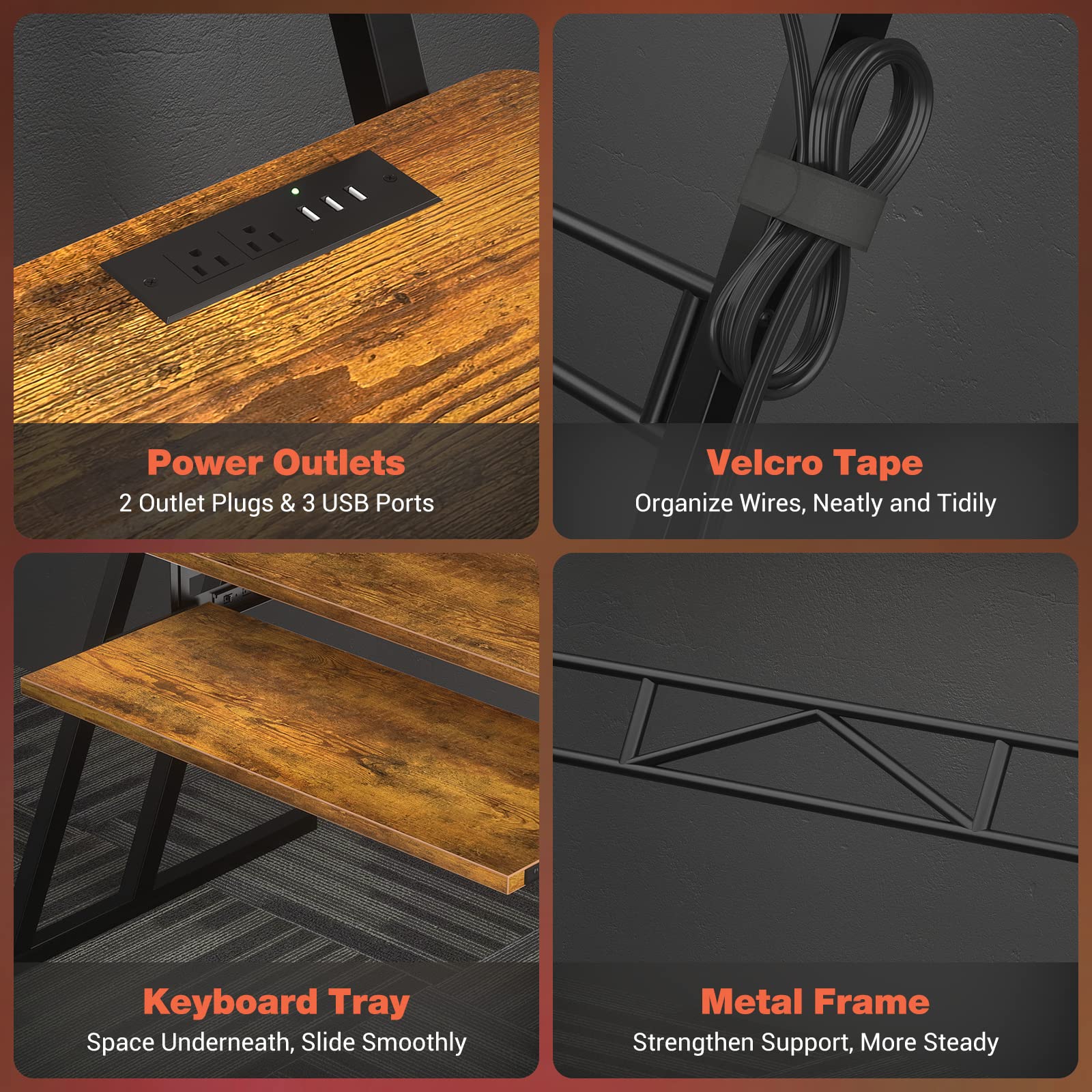 Armocity Music Studio Desk with Power Outlets & RGB LED Lights - Professional Recording Desk for Music Producers - Adjustable Rustic Brown Workstation for Home & Professional Studios | Perfect for Music Production, Podcasting & Audio Editing