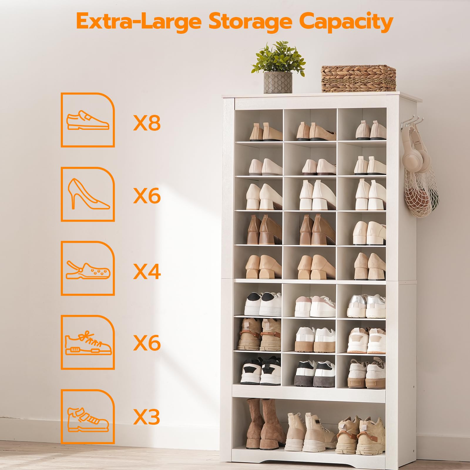 HOOBRO 9-Tier Tall Shoe Storage Cabinet - White Wooden Entryway Organizer with 24 Cubbies & 3 Hooks | Freestanding Shoe Rack for Closet, Living Room, Bedroom | Perfect for Small Spaces & Shoe Collection Organization