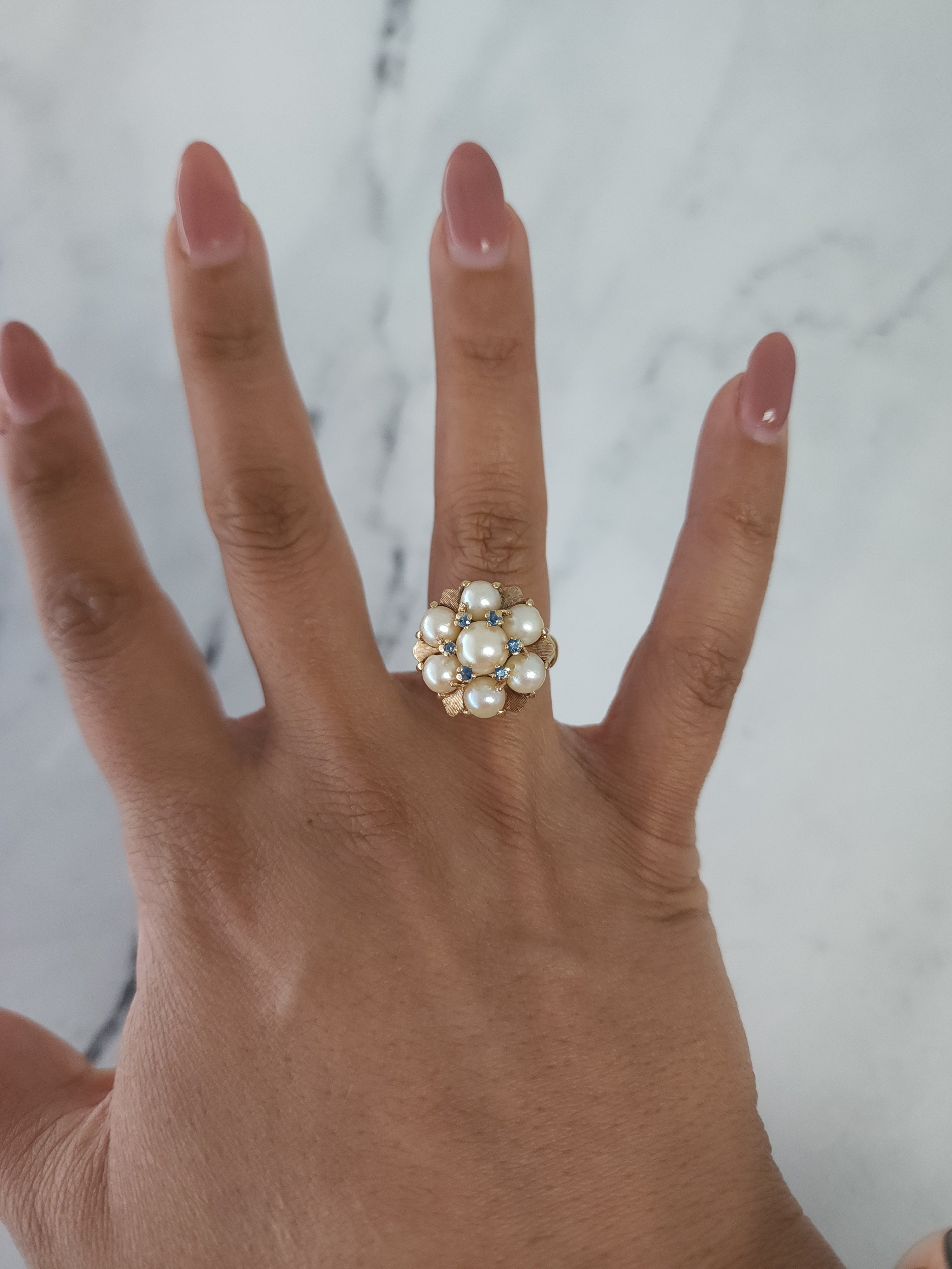 Vintage Freshwater Pearl Cluster Ring with Blue Topaz Accents - Elegant Boho Jewelry for Women, Perfect for Weddings, Parties & Special Occasions