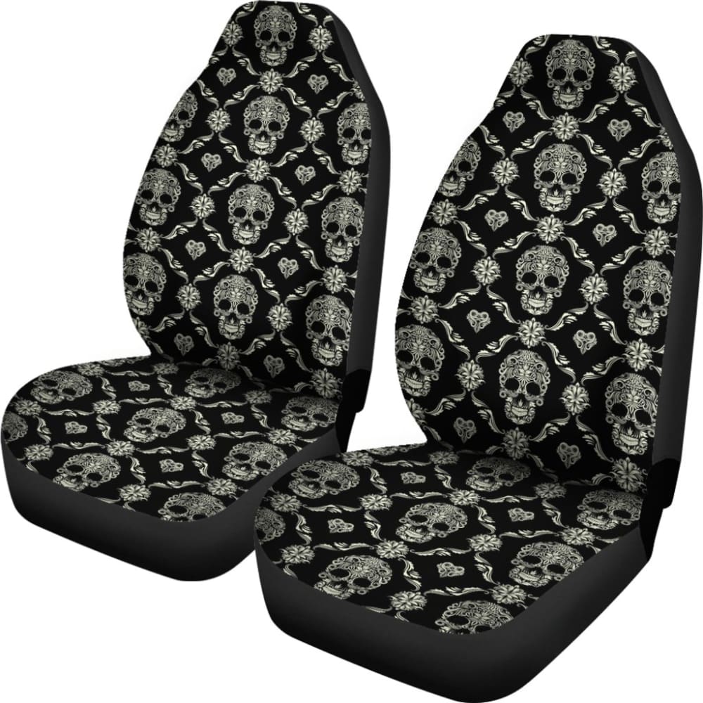 2 Pcs Floral Sugar Skull Car Seat Covers - Day of The Dead Design for Front Seats - Perfect for Halloween, Dia de Los Muertos Celebrations & Car Decorations
