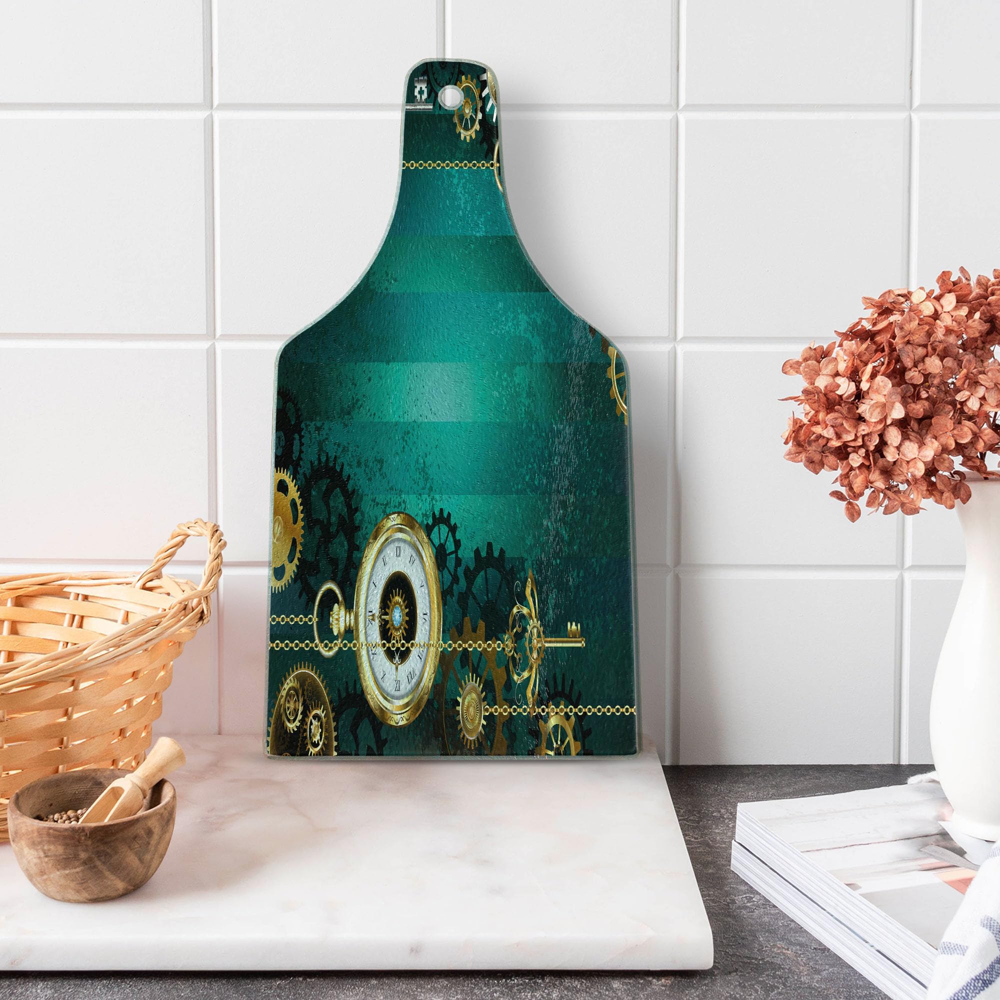 Ambesonne Steampunk Industrial Cutting Board - Antique Watches, Keys & Chains Design - Tempered Glass Serving Board for Cheese, Charcuterie & Wine - Unique Wine Bottle Shape - Multicolor Decorative Kitchen Accessory - Perfect for Entertaining & Gifts