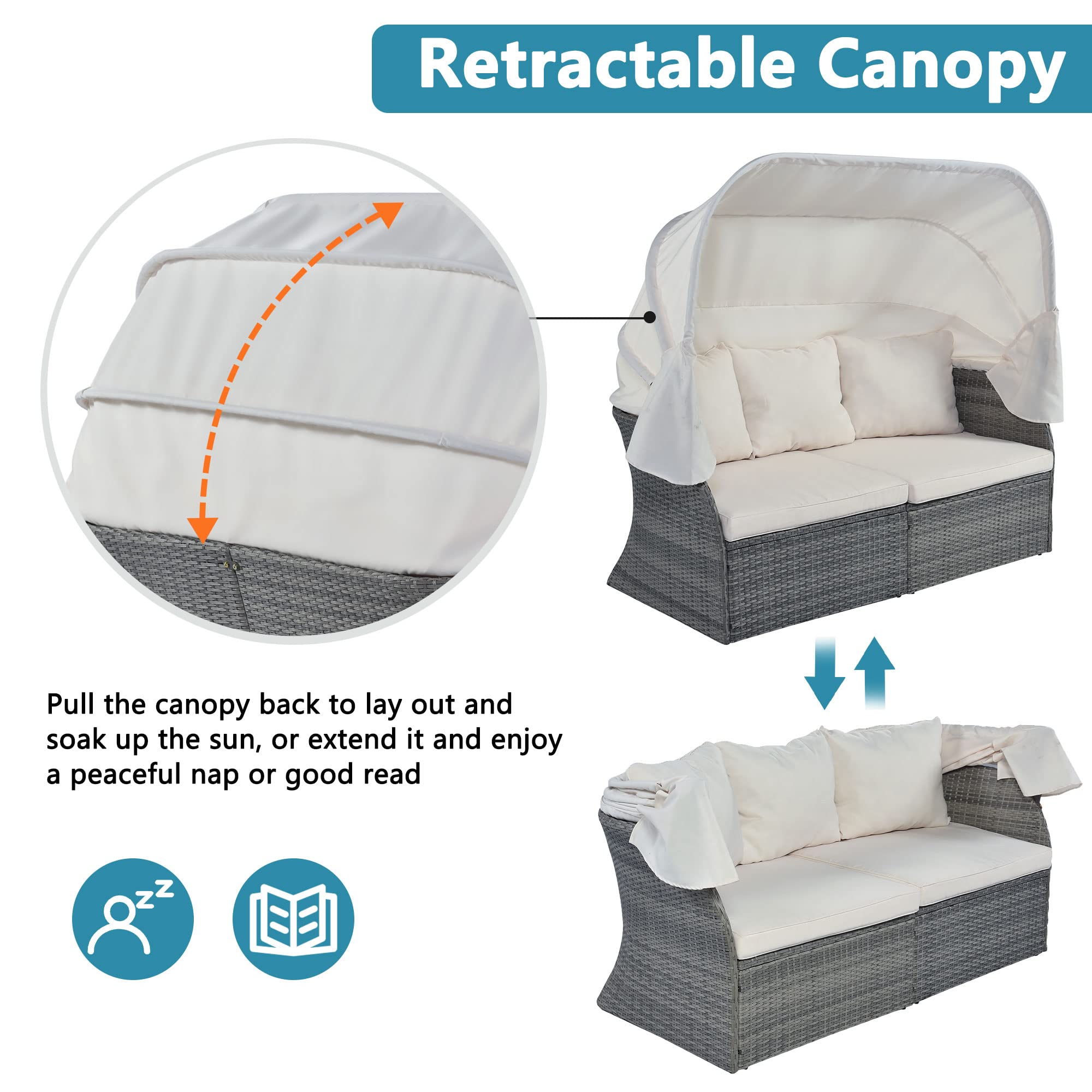 Amposei Outdoor Patio Wicker Furniture Sunbed Sectional Set - Rattan Daybed with Canopy for Porch, Balcony & Backyard - Beige - Perfect for Lounging, Sunbathing & Outdoor Relaxation