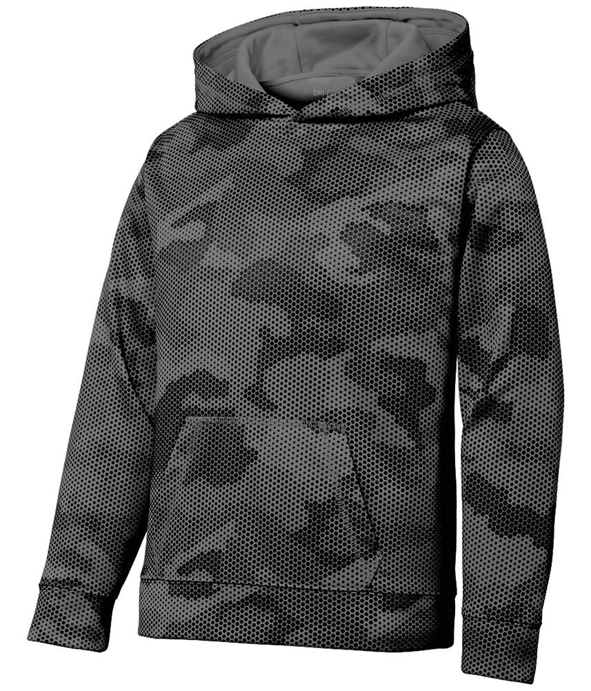 DRIEQUIP Youth Moisture Wicking CamoHex Fleece Hooded Pullover Jacket - XS to XL Sizes for Boys & Girls - Perfect for Outdoor Activities, Hiking, and Cold Weather Sports