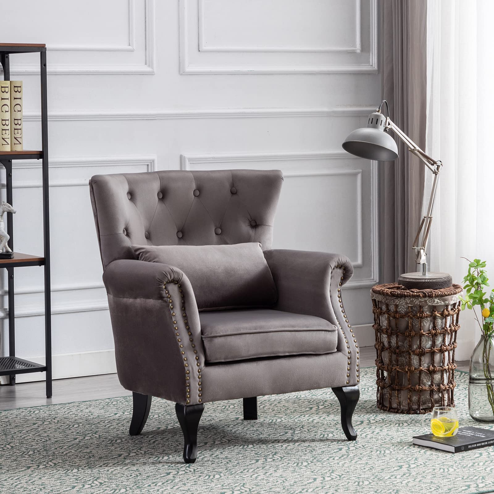 Midcentury Modern Accent Reading Arm Chairs Set of 2 - Velvet Grey Wingback Club Chairs with Button Tufted Back & Lumbar Pillow for Living Room, Bedroom, Office Waiting Area | Perfect for Reading Nooks, Lounge Spaces & Cozy Corners